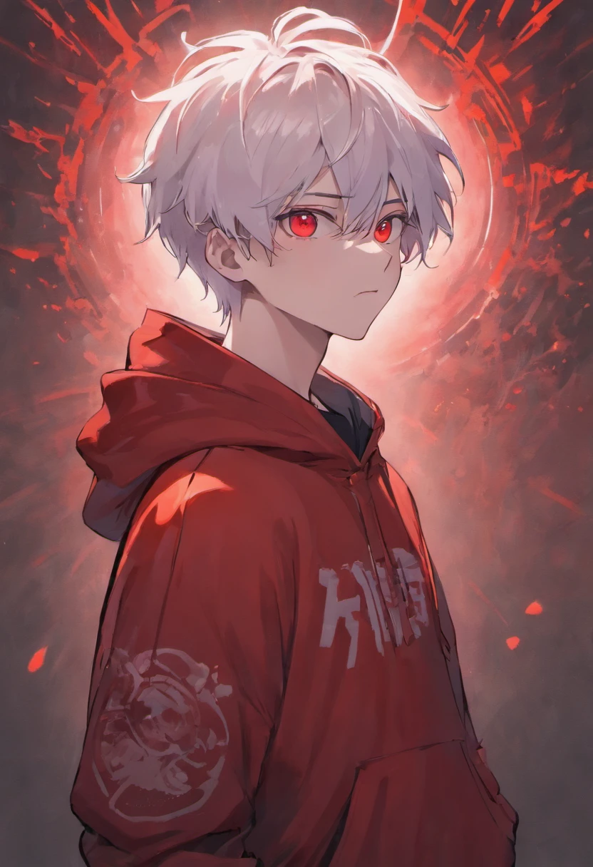 boy with red eyes, white skin, white hair with red gradient, and wearing a black hoody