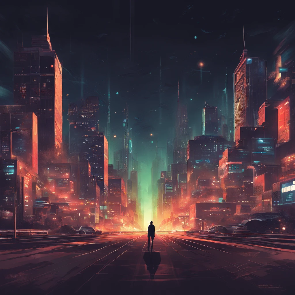 It is set in the night view of the city. Sparkling buildings, Tail lights on cars, The movement of people is represented with a distant skyline.
In the center, a young boy is depicted with his back turned towards the night view.
The overall color adds a bit of vintage tones