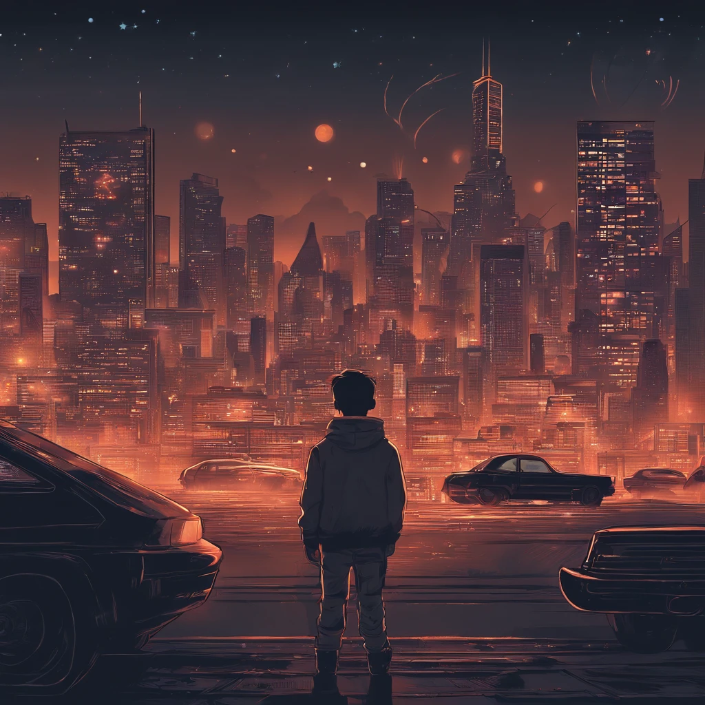 It is set in the night view of the city. Sparkling buildings, Tail lights on cars, The movement of people is represented with a distant skyline.
In the center, a young boy is depicted with his back turned towards the night view. 
The overall color adds a bit of vintage tones