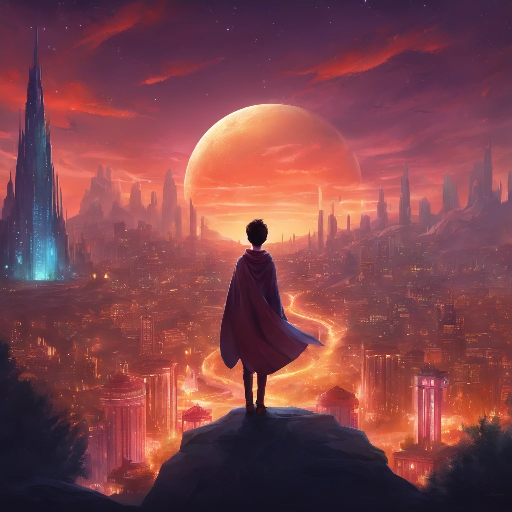 It is set in the night view of the city. Sparkling buildings, Tail lights on cars, The movement of people is represented with a distant skyline.
In the center, a young boy is depicted with his back turned towards the night view.
The overall color adds a bit of vintage tones