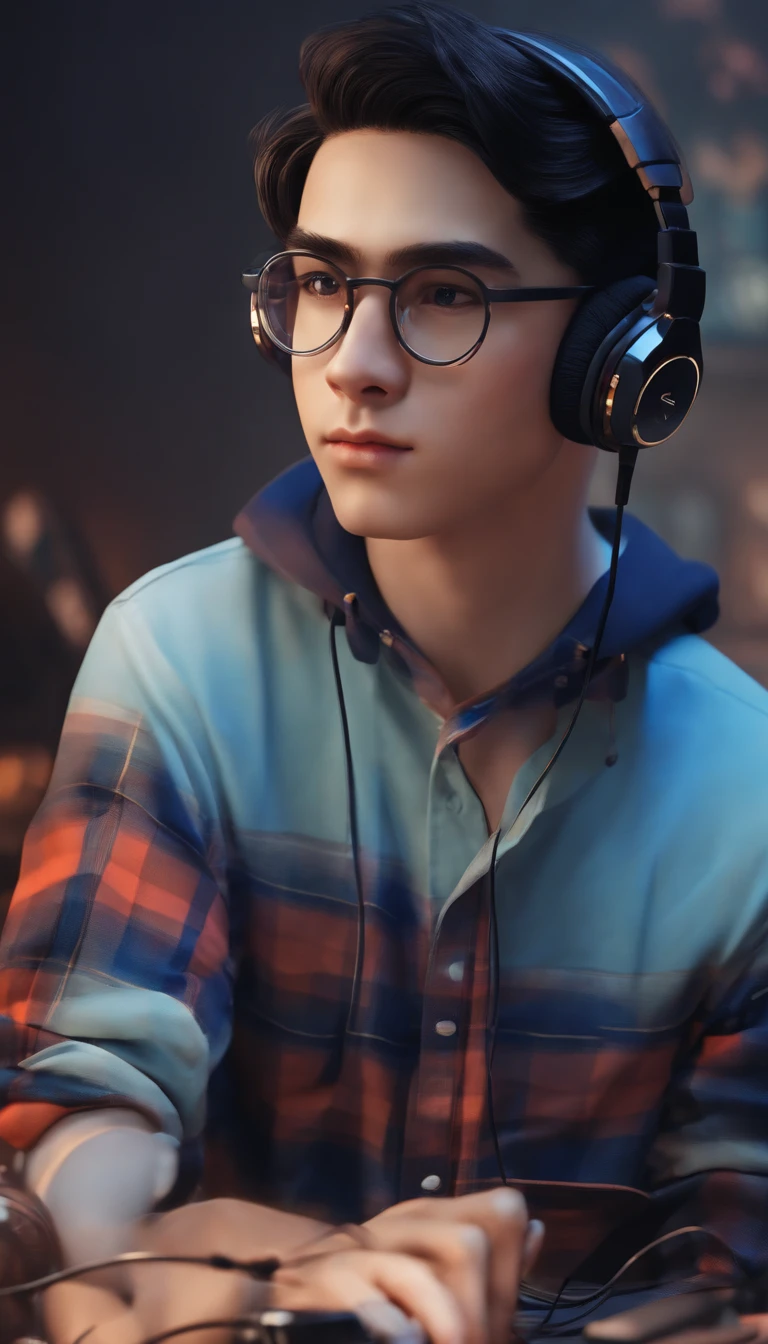 boy with round glasses and tall, wearing a blue check shirt, black hair, gaming, background with Discord website, headphones, vibrant colors, studio lighting