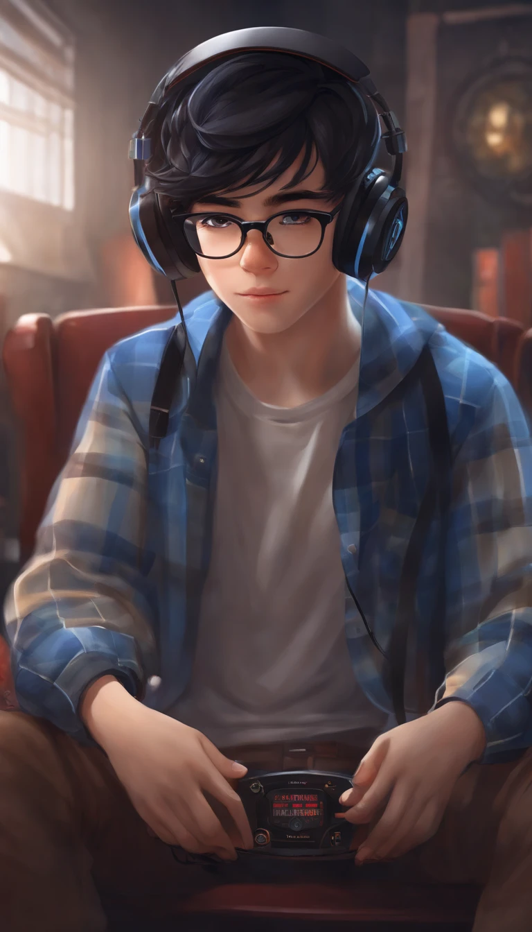 boy with round glasses and tall, wearing a blue check shirt, black hair, gaming, background with Discord website, headphones, vibrant colors, studio lighting