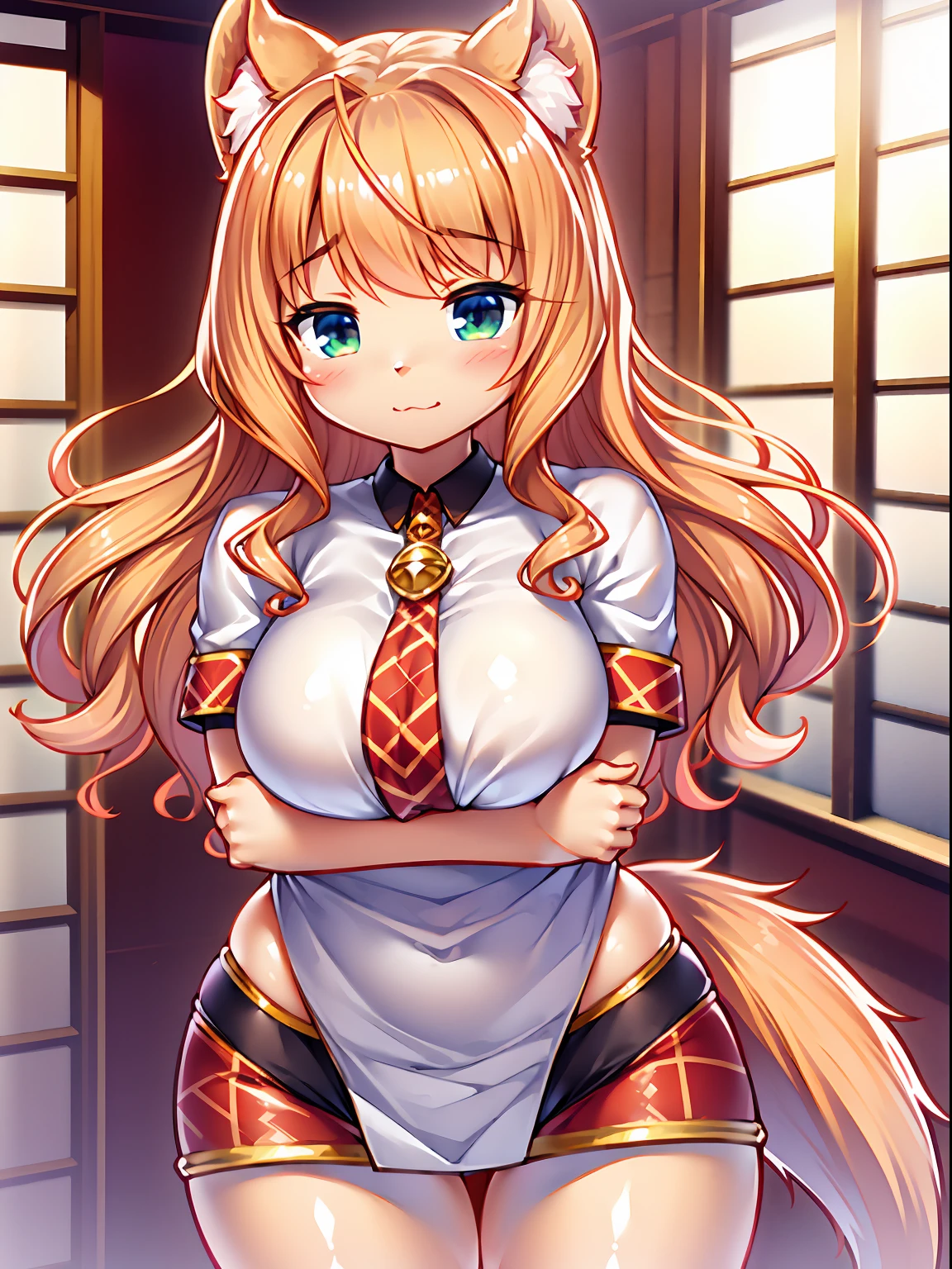 furry, white fur, ultra cute face, red elements on fur, glowing t-shrt, beautiful lights and shadows, ambient light, ultra detailed fur, volumetric light, Cat girl, big boobs, thicc, plump, chubby, Thicc Thighs