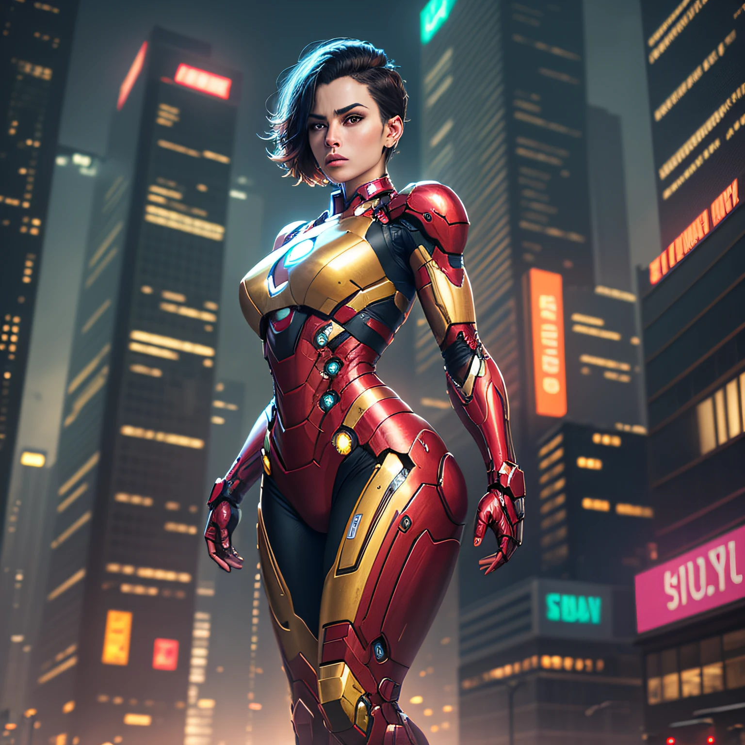 8K, Size 16:9, Realistic, Highly detailed, 30 years old woman, person, inspired by Iron Man, using Iron Man's shiny mechanism. Without helmet, Dresses confidently, perfectly interpreting Iron Man's strength and charisma. In a cyberpunk city night scene, a woman dedicated to Iron Man cosplay. Wearing Iron Man's Shiny Gear, He's standing on the street, along which there are tall buildings. The city's night lights are bright, reflected in her short hair, Adding a sense of future technology. The surrounding buildings and streets are filled with cyberpunk elements, such as neon lights, high-tech devices, and futuristic architectural projects. The whole scene is filled with a futuristic and sci-fi atmosphere. It's high resolution, A high-quality image will give you a stunning visual pleasure, The perfect blend of sensual, Futuristic and sci-fi elements. oc render, dramatic lighting, Award-winning quality