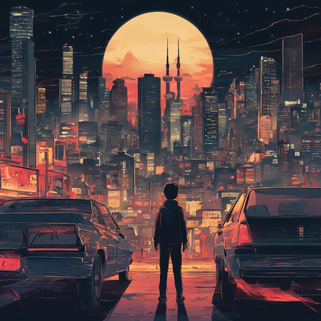 It is set in the night view of the city of Seoul. Sparkling buildings, Tail lights on cars, The movement of people is represented with a distant skyline.
In the center, a young boy is depicted with his back turned towards the night view.
The overall color adds a bit of vintage tones