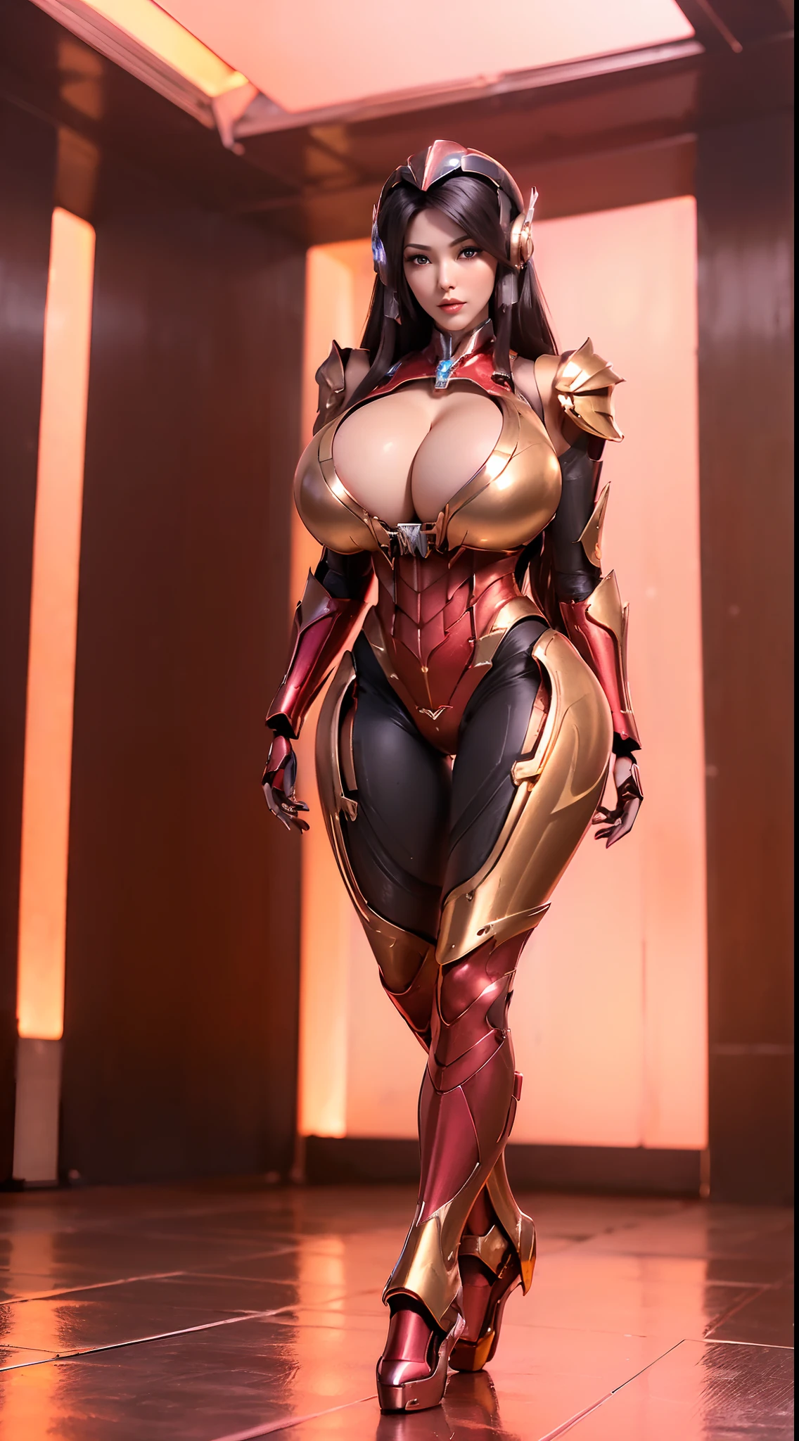 (1GIRL, ALONE, SOLO), (SUPER DETAILED FACE), (BLACK HAIR: 0.8), ((PHOENIX HEADWEAR)), (BIG BUTTOCKS, 11 LINE ABS, CLEAVAGE, HUGE FAKE BREASTS:1.5), (GOLD MECHA GUARD ARM:1.3), (RED SHINY MECHA CYBER ARMORED, BLACK MECHA TIGHT SUIT PANTS, MECHA GUARD ARMOR LEGS, HIGH HEELS:1.5), (THICC MUSCULAR FEMALE BODY, GLOWING SKIN, LONG LEGS, FULL BODY:1.1), (LOOKING AT VIEWER:1.3), (FEMALE FOCUS:0.886), (WALKING DOWN HALLWAY OF FUTURISTIC SPACE STATION:1), (BRIGHT LIGHT ROOM:1.5), SUPER TEXTURE, PHYSICALLY-BASED RENDERING, ULTRA HIGHT DEFINITION, 16K.