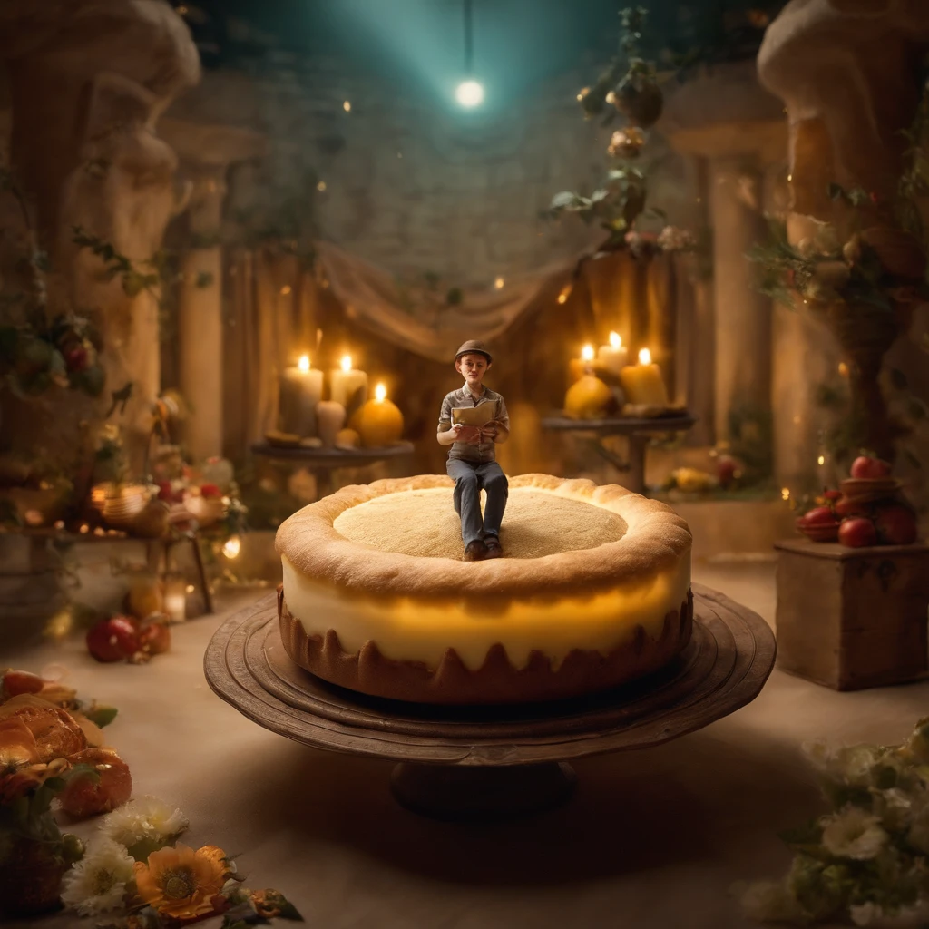 Character sitting inside a giant cheesecake cup. The composition is、Showcasing miniature edible props and whimsical decorations surrounding the characters, Create surreal and whimsical scenes. When using lighting and perspective、Adds depth and visual interest to images, Evoke a sense of wonder and enchantment. Famous surreal photographer Erik Johansson、With this visually stunning image、Skillfully captures the magical atmosphere of this whimsical interaction, tmasterpiece, Best Quality,nffsw