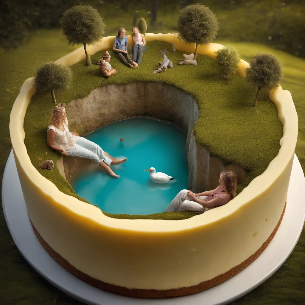 Character sitting inside a giant cheesecake cup. The composition is、Showcasing miniature edible props and whimsical decorations surrounding the characters, Create surreal and whimsical scenes. When using lighting and perspective、Adds depth and visual interest to images, Evoke a sense of wonder and enchantment. Famous surreal photographer Erik Johansson、With this visually stunning image、Skillfully captures the magical atmosphere of this whimsical interaction, tmasterpiece, Best Quality，nffsw