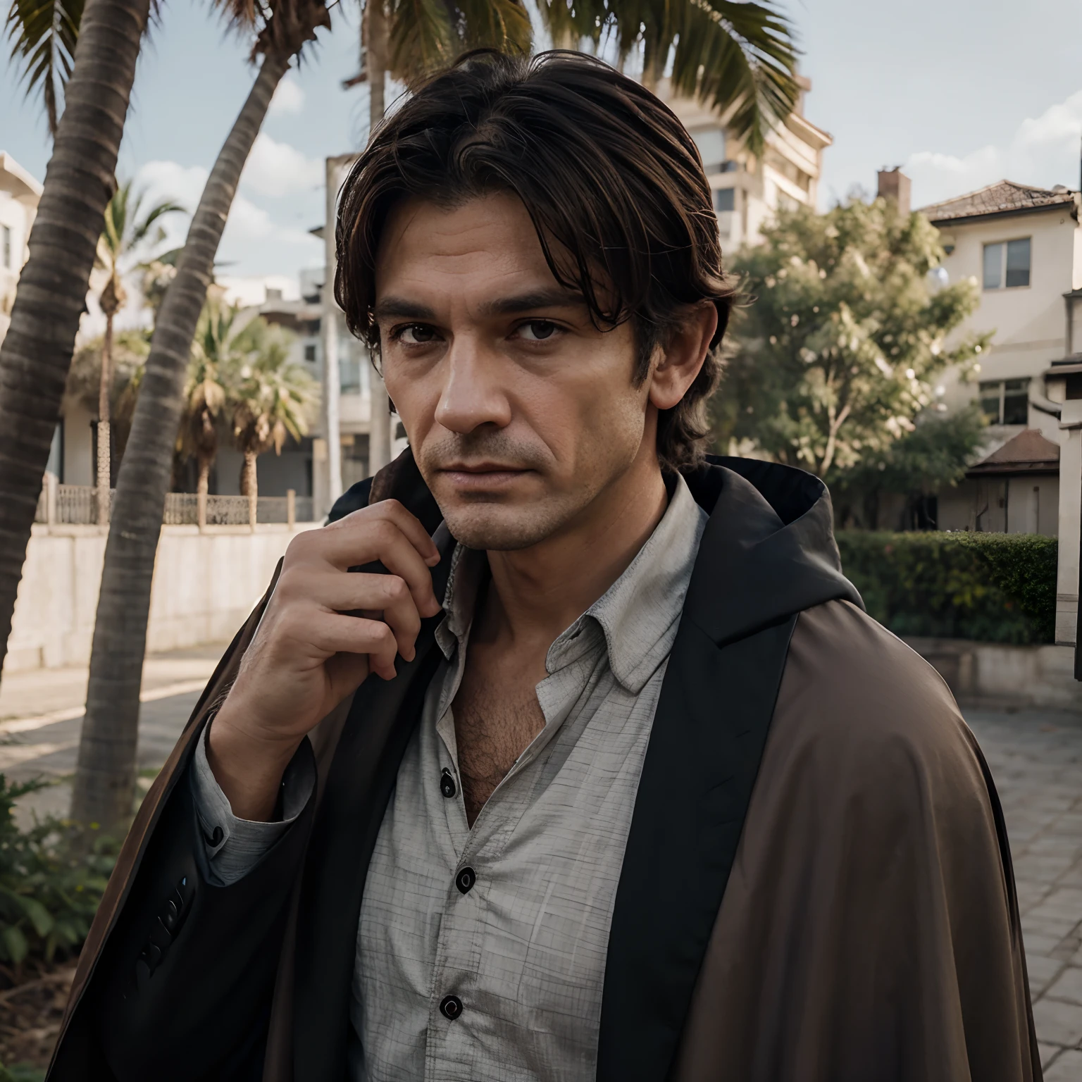 solo, men, 50 years, (Tired look, bags under eyes: 1.23), gray-haired, black tuxedo, brown cloak, brown cloak, [[[bristle]]], palm leaves