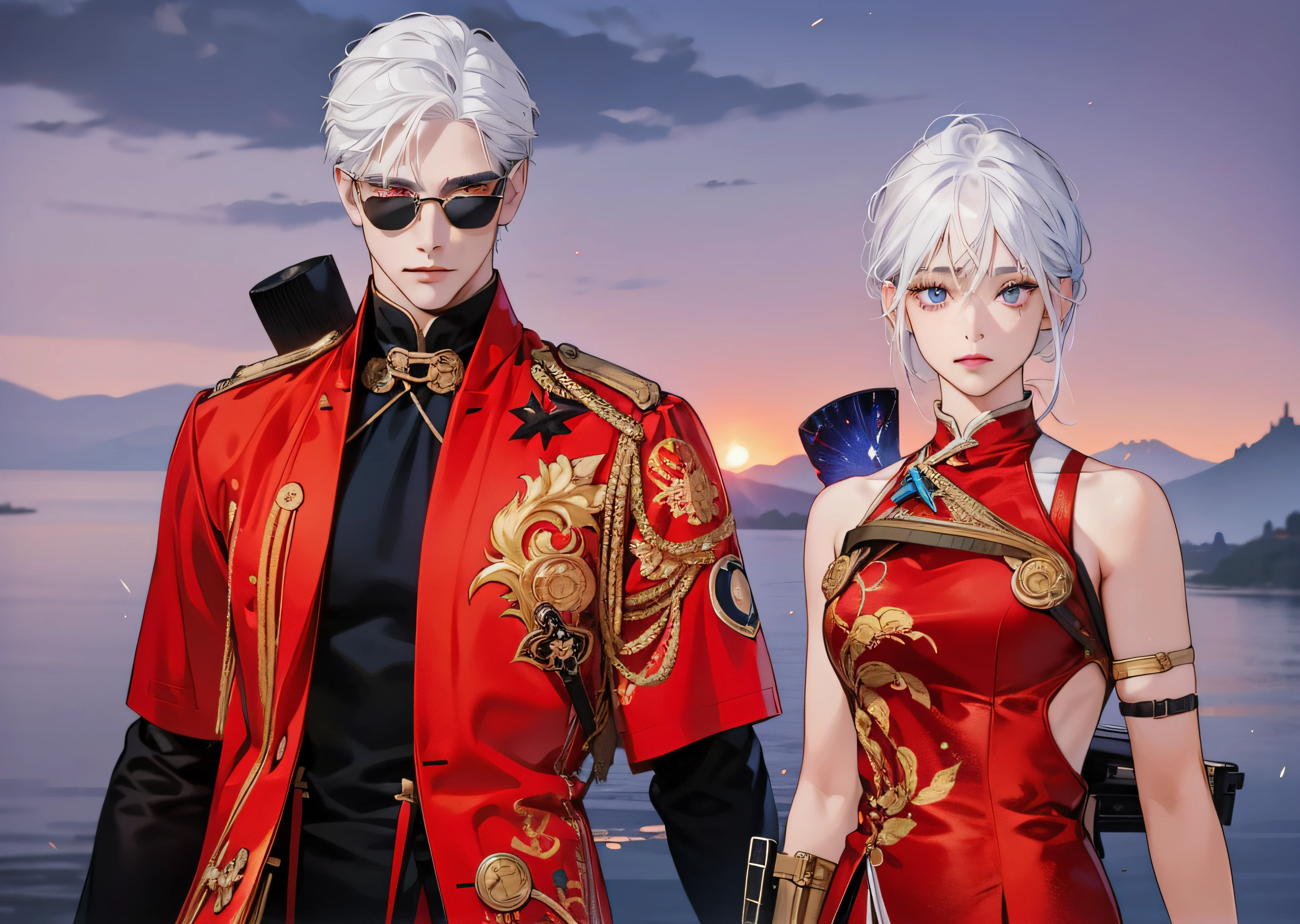 a couple boy with circle glasses and girl with white hair blend blue with gojo eyes Masterpiece, high quality, best quality, HD, realistic, perfect lighting, detailed body, red t-shirt, calm expression, wearing ak47 on back, beautiful, hansome, beatiful scene