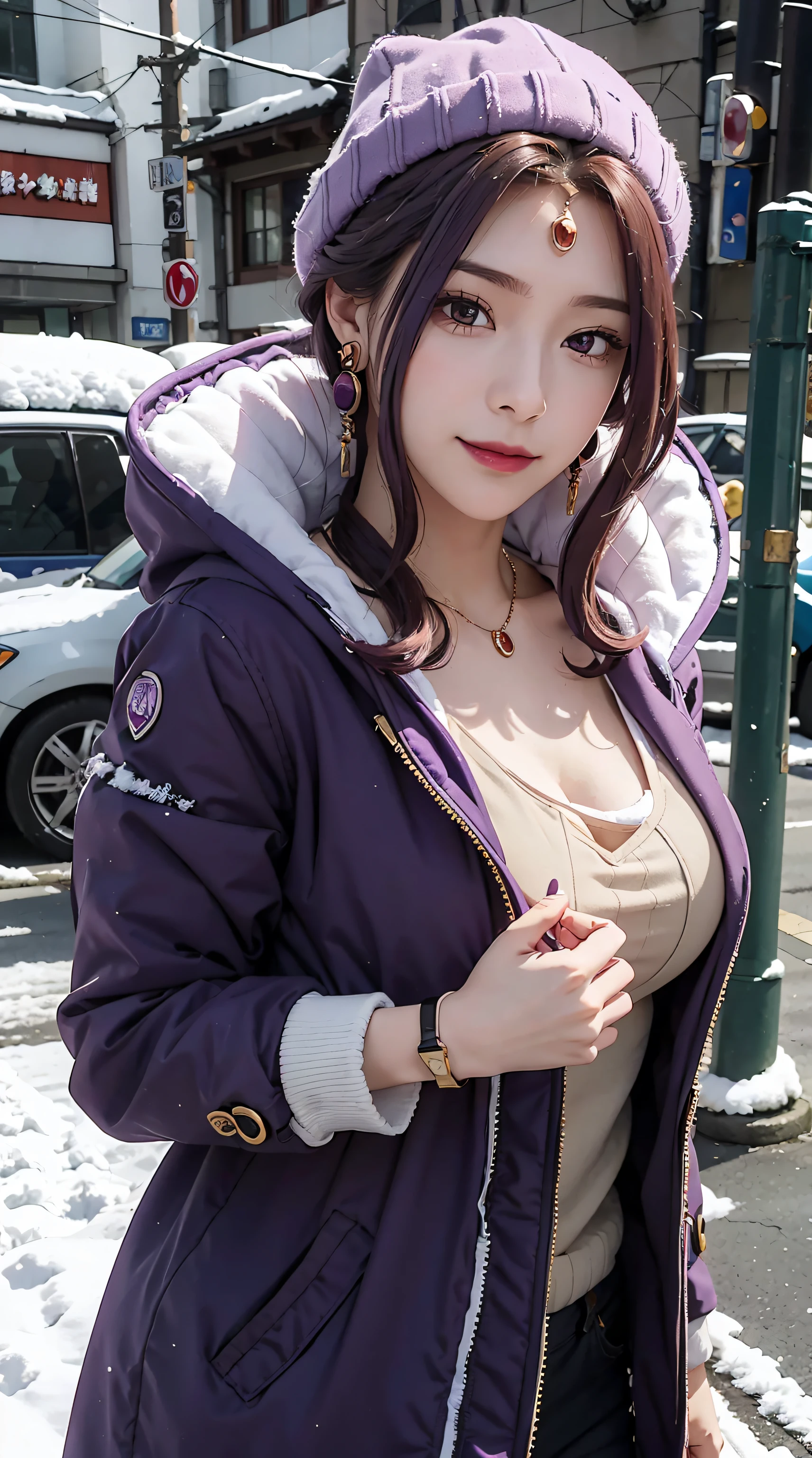 Mirellia_Q_Melromarc, perfect_breasts, purple_hair, purple_eyes, jewelry, earrings, perfect body, perfect breasts, wearing a beanie, wearing a winter jacket, wearing a duffle coat, carrying a bag, wearing a watch, wearing earrings, in public, creatures in tokyo city, being on the street, snow on the street, it's snowing, looking at the viewer, a slight smile, realism, masterpiece, textured skin, super detail, high detail, high quality, best quality, 1080p, 16k