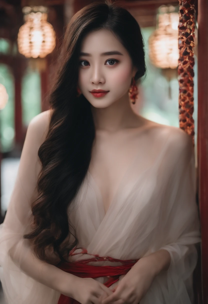 A girl who had just showered out of the bath pavilion with long hair and waist,Big eyes,ccurateblack hair,Chinese face,White skin and beautiful appearance