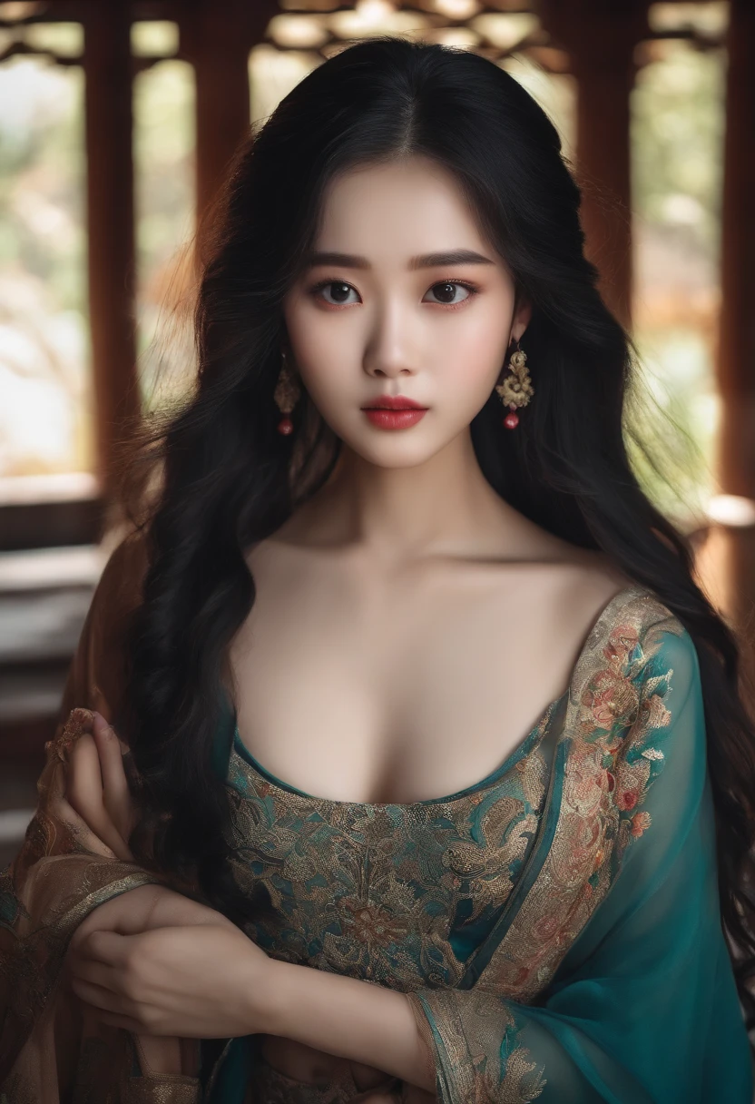 A girl who had just showered out of the bath pavilion with long hair and waist,Big eyes,ccurateblack hair,Chinese face,White skin and beautiful appearance