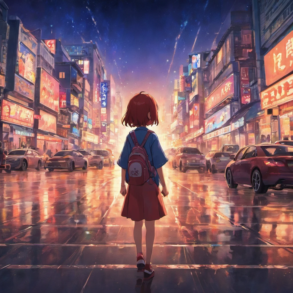 It is set in the night view of the city of Seoul. Sparkling buildings, Tail lights on cars, The movement of people is represented with a distant skyline.
In the center, a young boy is depicted with his back turned towards the night view.
The overall color adds a bit of vintage tones
