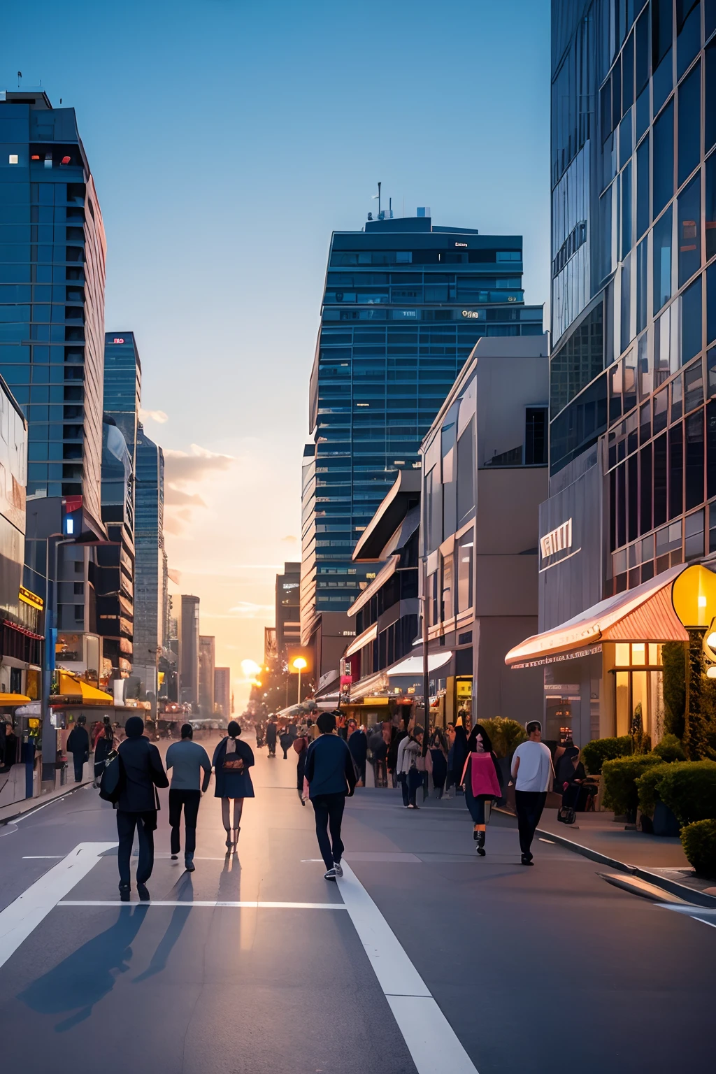 Cityscape at sunset、People walking on the street