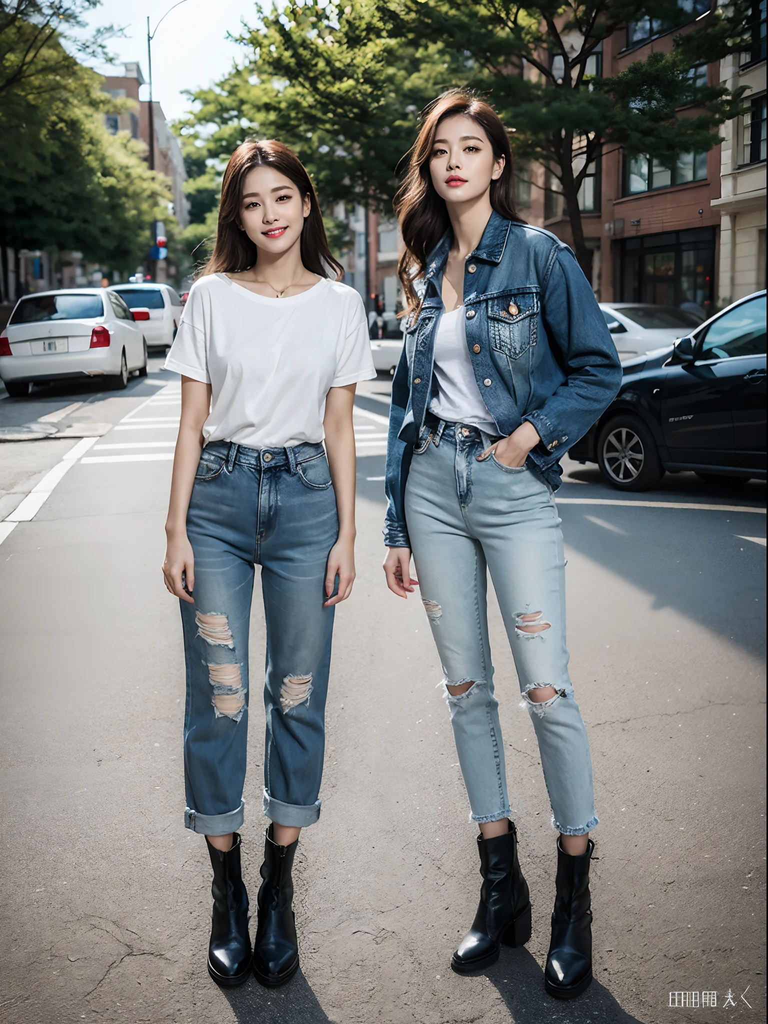 (RAW photo:1.2), (Photorealistic:1.4),Beautiful detailed woman,very detailed eyes and faces, A detailed eye, ultra - detailed,A high resolution, The is very detailed,best qualtiy,illustratio,unified,8k 壁纸,tmasterpiece,best qualtiy,1girll,full bodyesbian,1girll,Solo,Stylish clothes,Leather clothes,denim pant,long whitr hair,Boots,jewely,full bodyesbian,brown hair,Fashionab,Long boots,耳Nipple Ring,standing on your feet,with brown eye,realisticlying
