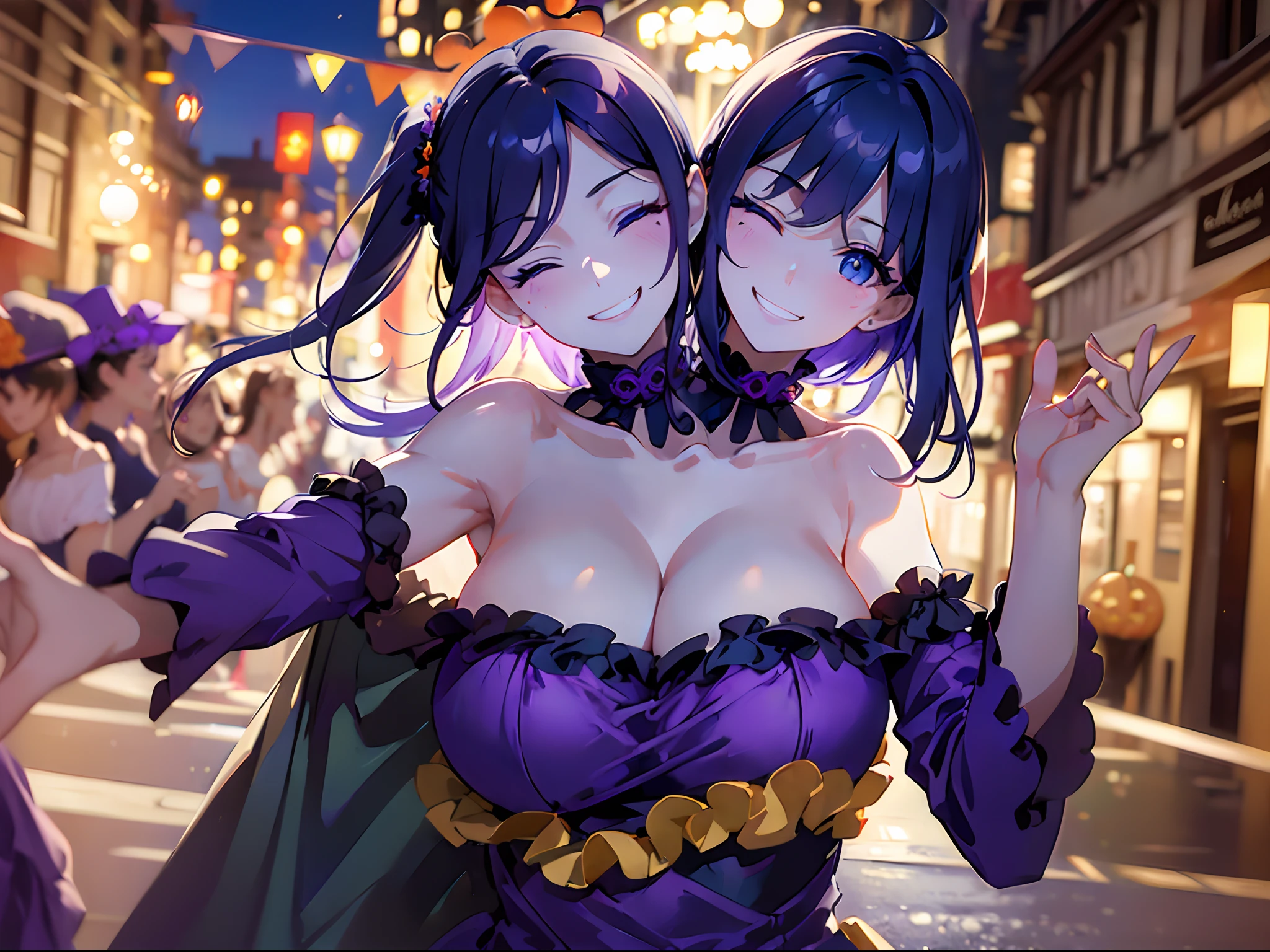 (masterpiece, best quality), best resolution, (2heads:1.5), 1girl, black hair, blue eyes, one eye closed, one eye open, smiling for the camera, playful, silly, purple t-shirt, halloween parade, night, selfie