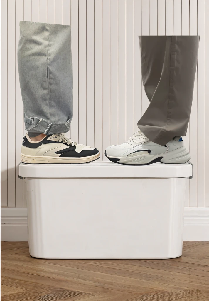 There was a man and a woman standing on the storage box，Put your foot on the storage box, standing on a shelf, focus on sneakers only, sneaker photo, Size difference, human back legs and sneakers, product introduction photos, bottom angles, tall and slim figured, standing on two feet, advertising photograph, platforms, Tall and slim, standing on a desk