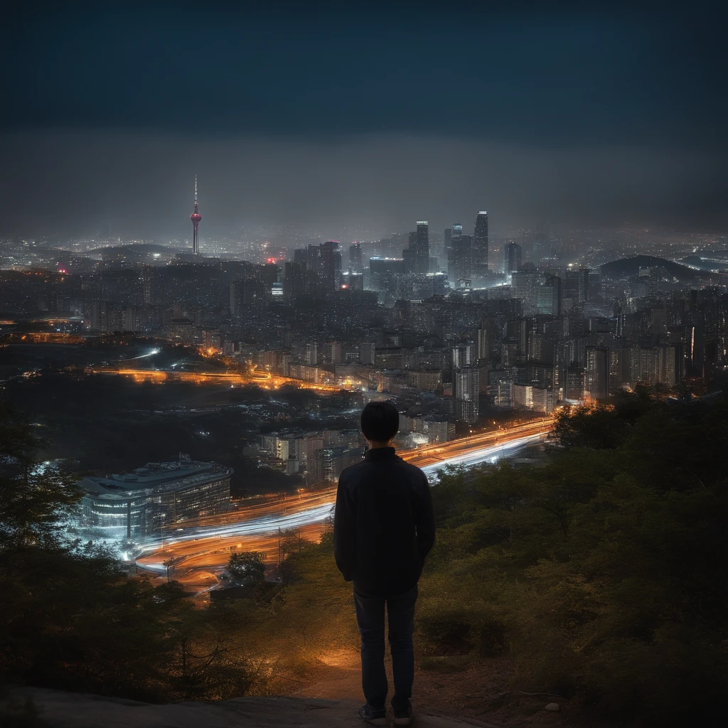 It is set in the night view of the city of Seoul. Sparkling buildings, Tail lights on cars, The movement of people is represented with a distant skyline. In the center, a young boy is depicted with his back turned towards the night view. The overall color adds a bit of vintage tones