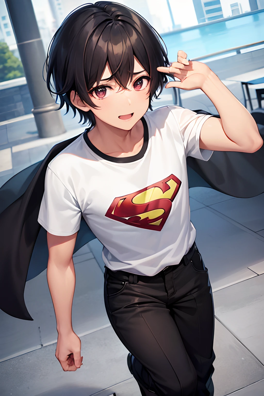1boys, Cabello negro corto, ojos cafes, musculoso, camisa negra de superman manga corta, pantalones ajustados negros, botas grises, sonriente,