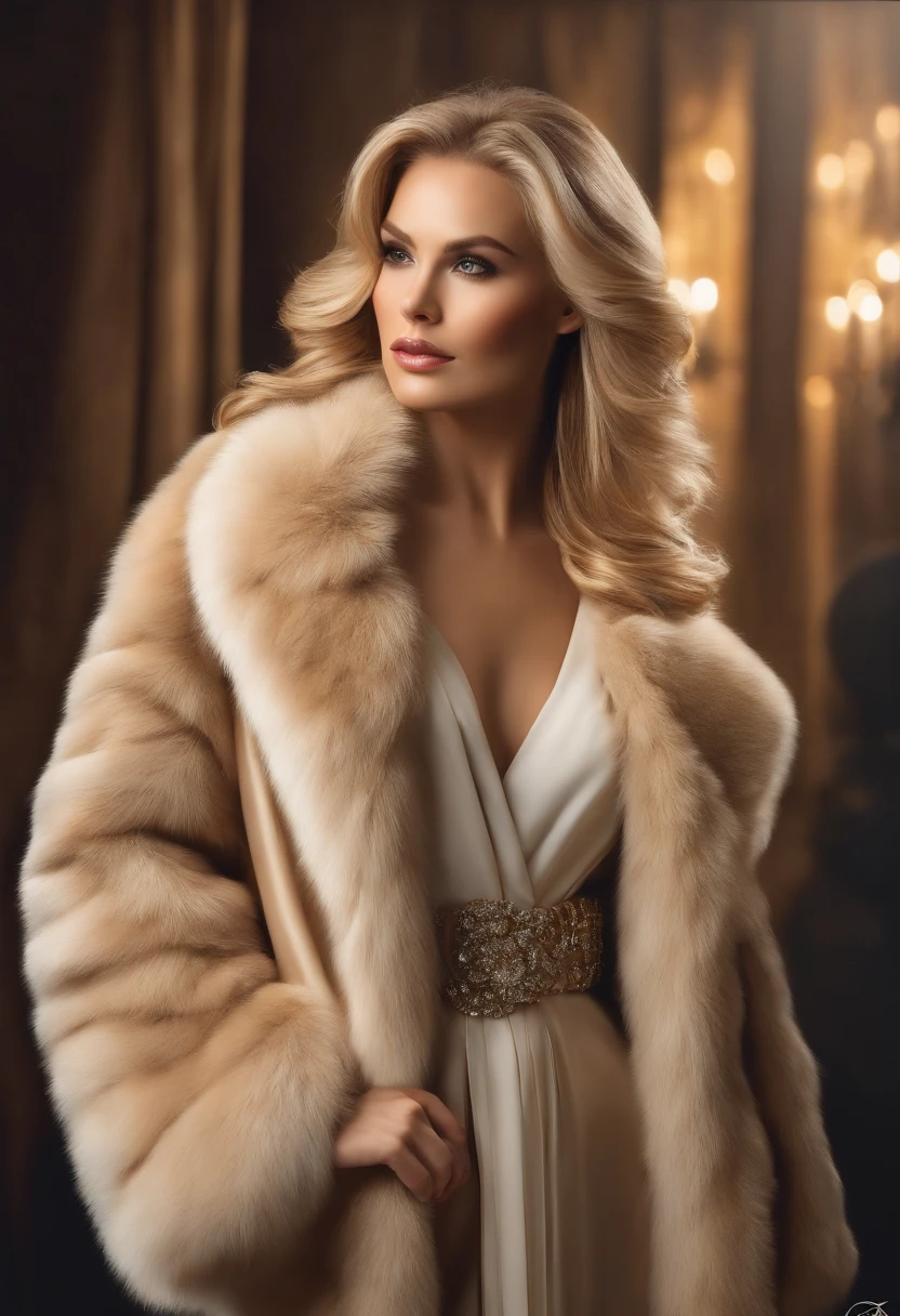 Dive into the world of modern elegance with our latest piece of art featuring a blonde woman. Adorned in a luxurious mink fur coat, her long light hair flows freely around her. This exquisite portrait embodies high quality and attention to detail, conveying the essence of realism and photographic artistry. Before you is a stunning depiction of a glamorous woman, crafted using modern methods and technical skills. The backdrop for this painting is the bustling cityscape, adding a special refinement and style to this artwork. Created with maximum precision, this artwork was captured by a professional photographer, ensuring the highest level of detail and realism