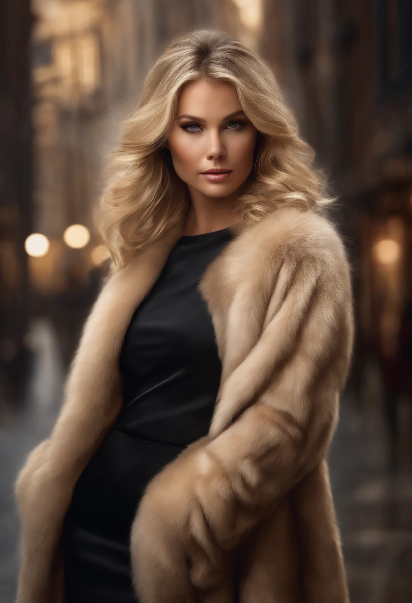 Dive into the world of modern elegance with our latest piece of art featuring a blonde woman. Adorned in a luxurious mink fur coat, her long light hair flows freely around her. This exquisite portrait embodies high quality and attention to detail, conveying the essence of realism and photographic artistry. Before you is a stunning depiction of a glamorous woman, crafted using modern methods and technical skills. The backdrop for this painting is the bustling cityscape, adding a special refinement and style to this artwork. Created with maximum precision, this artwork was captured by a professional photographer, ensuring the highest level of detail and realism