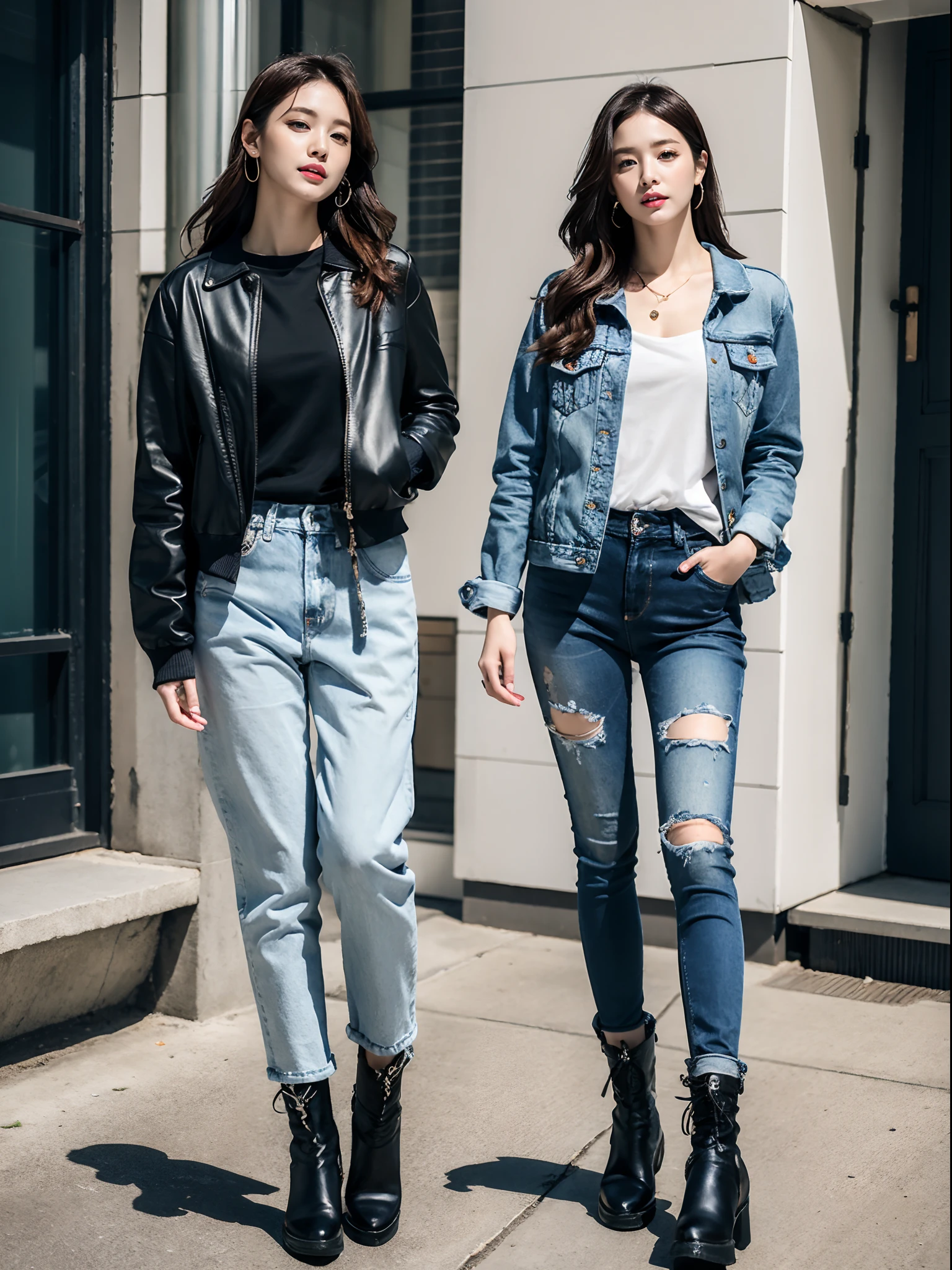 (RAW photo:1.2), (Photorealistic:1.4),Beautiful detailed woman,very detailed eyes and faces, A detailed eye, ultra - detailed,A high resolution, The is very detailed,best qualtiy,illustratio,unified,8k 壁纸,tmasterpiece,best qualtiy,1girll,full bodyesbian,1girll,Solo,Stylish clothes,Leather clothes,denim pant,long whitr hair,Boots,jewely,full bodyesbian,brown hair,Fashionab,Long boots,耳Nipple Ring,standing on your feet,with brown eye,realisticlying