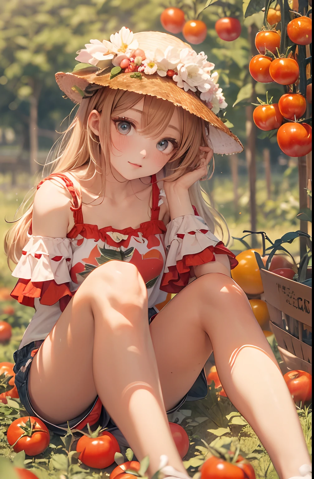 absurderes, ultra-detailliert,bright colour,(8K:1.3),masuter piece,extremely beautiful detailed face and eyes, 25 years old, masuter piece、Camisole、shortpants、Anthropomorphism of tomatoes,medium breasts、Red skin、Summer morning、Ghibli,Tomato plantation