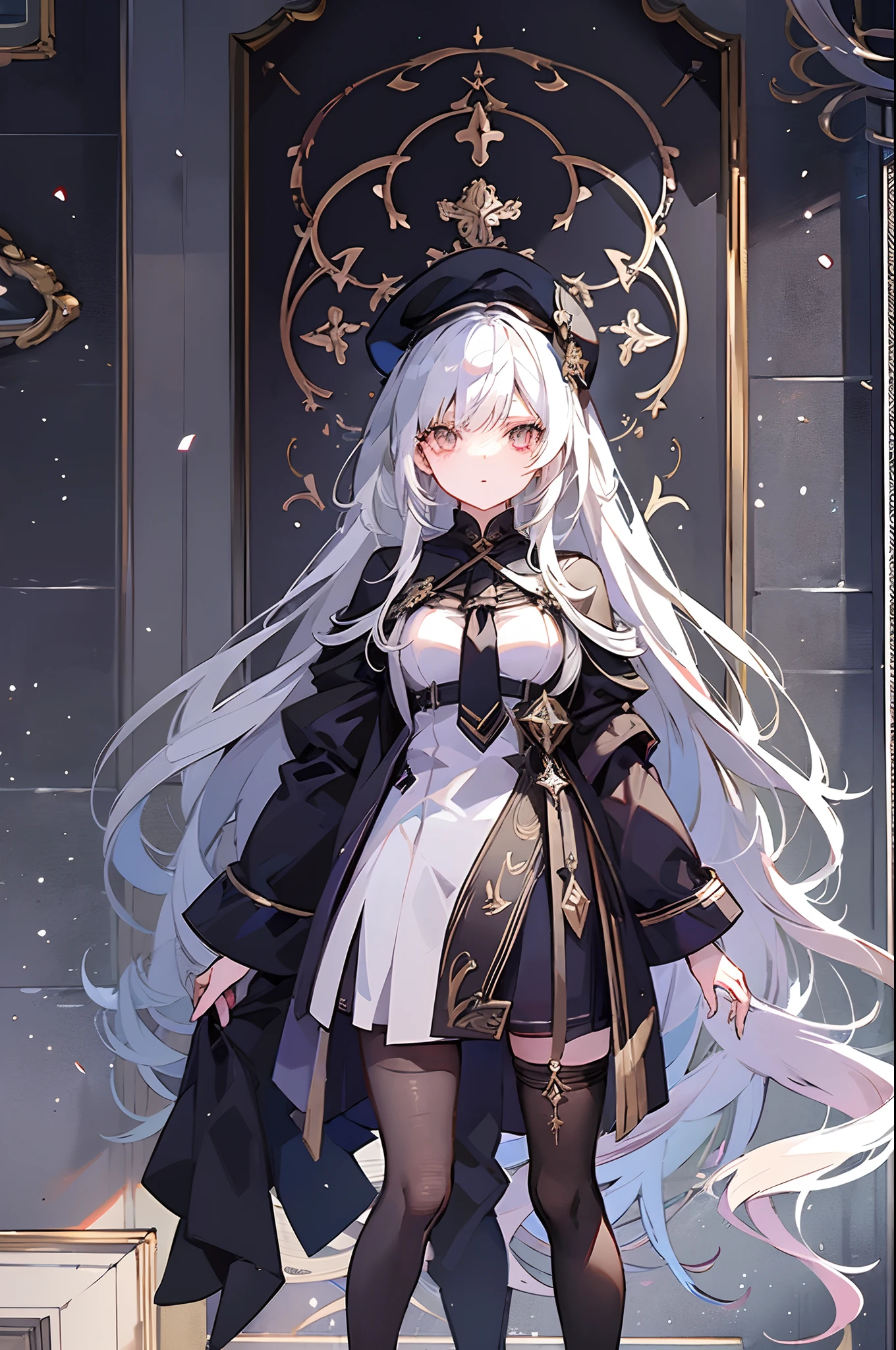 animesque、top-quality、hight resolution、Standing picture、a beauty girl、femal、Academy black clothes with school caps、Glossy detailed gray hair long、Decoration luxury black military uniform、I have a spellbook、Library Committee Member、deadpan、no feelings、Elegant、Gorgeous、elegent、A sexy、goodlooking