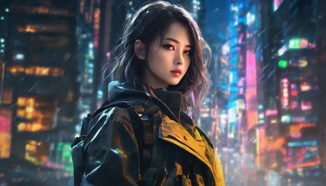 Beautiful girl holding a sniper rifle turned around, Sneak into a skyscraper..,( (bestquality,10,10,highres,masterpiece:1.2),ultra-detail,(Realistic,photorealistic portrait,photo-realistic:1.37)),Urban landscape, Night scene, Intense atmosphere, Urban Warfare, Defined expressions, Ammunition holster, Tactical equipment, High Observation Point, neon lights, dystopia, Fluorescent muzzle flash, incredible shadows, Rain-soaked roads, Shining city skyline, Framing a movie, Cool concept art, Aesthetics of the future, Cyberpunk feeling, Cold color grading, Powerful spotlight, Realistic guns, Full HD resolution, full body image
