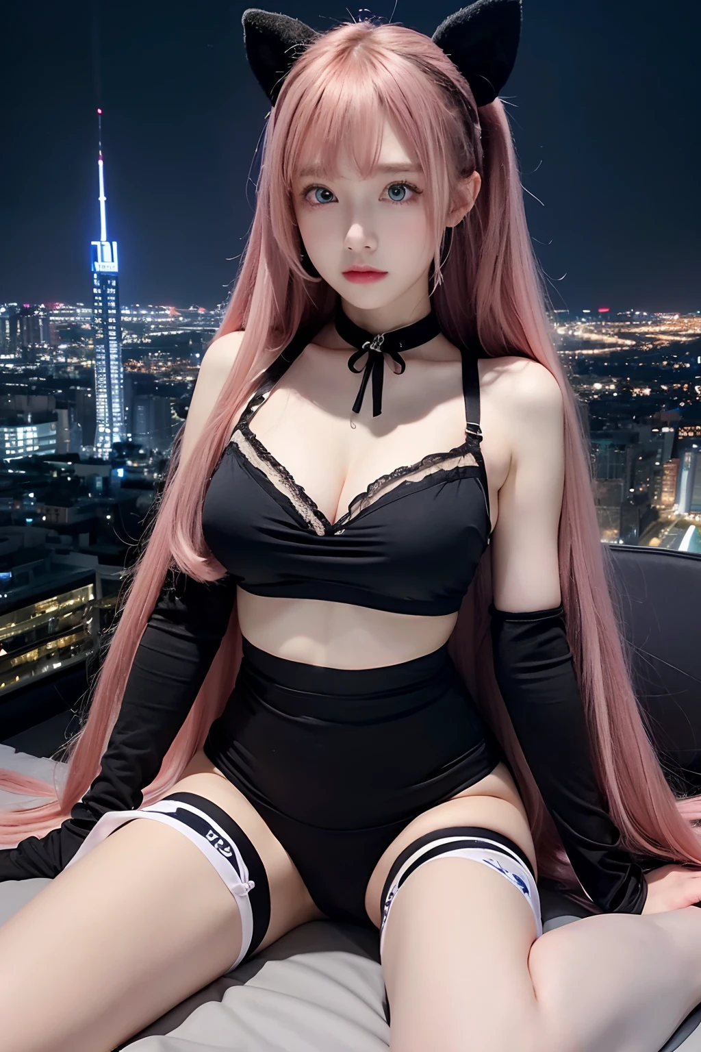 Masterpiece, Best quality, Night, stars, Cityscape, gaming console_CG, Real, Cityscape, Huge_filesize, Girl, Long hair, Pink hair, view the viewer, aqua eyes, Blue eyes, Small breasts, buruma, Black sports bra , Sailor dress, white thighhighs, Earrings, half gloves , ribbon_choker necklace, pendant, Spread legs, Crossed_Legs,