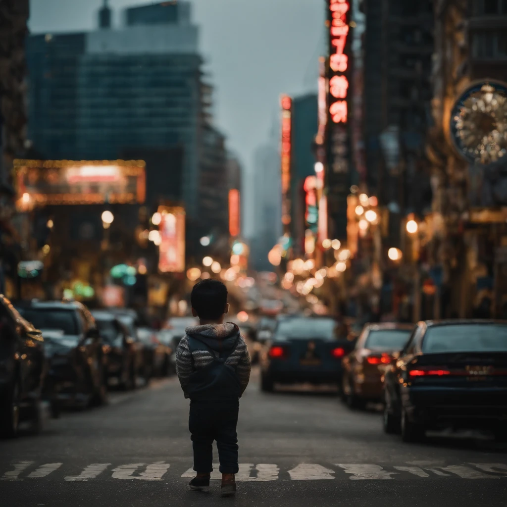 It is set in the night view of downtown Seoul. Sparkling buildings, Tail lights of cars, The movement of people is represented by a distant skyline. In the center, It depicts a young boy with his back turned towards the night view. The overall color adds a bit of vintage tones