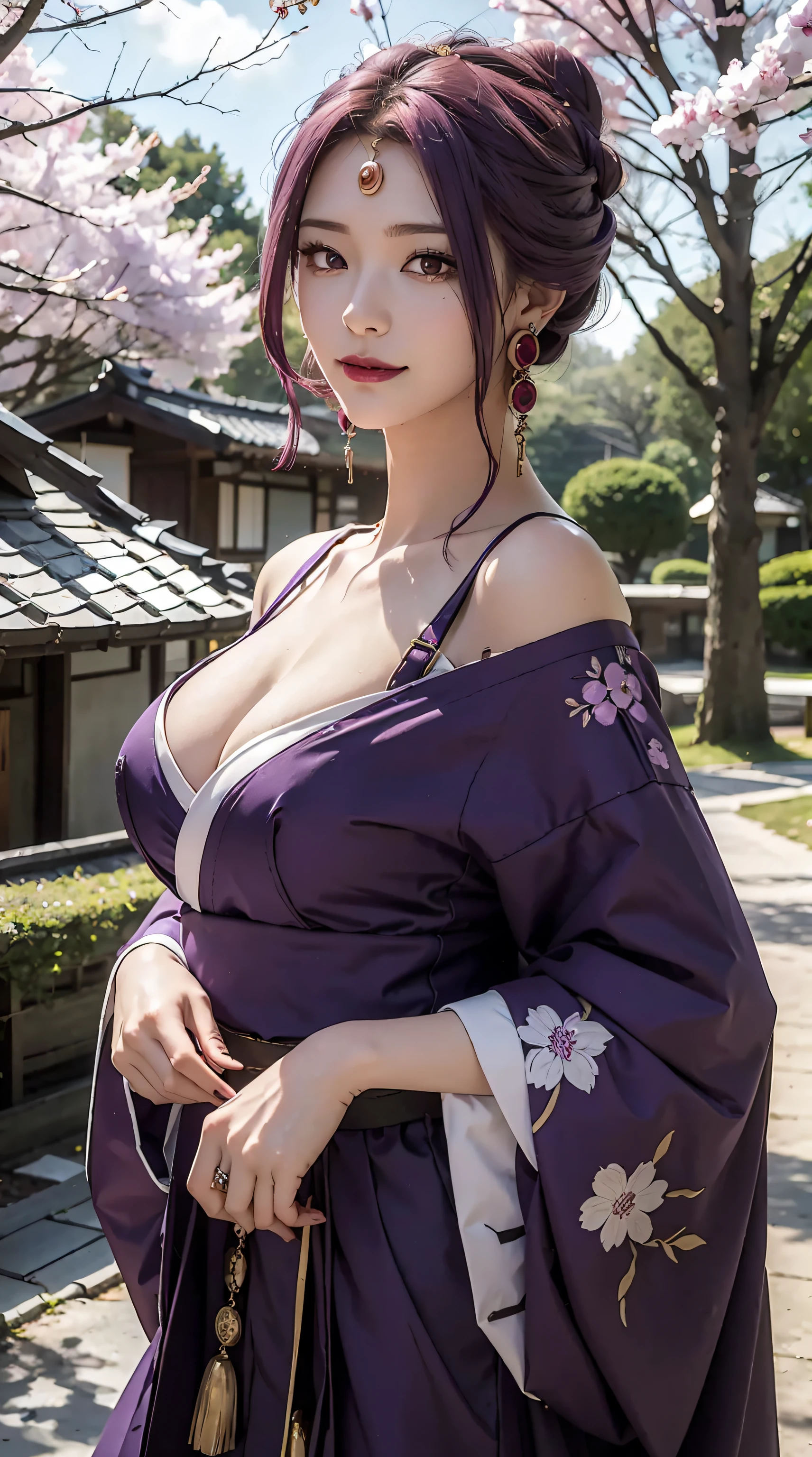 Mirellia_Q_Melromarc, perfect_breasts, purple_hair, purple_eyes, jewelry, earrings, hair in a bun, beautiful, beautiful woman, perfect body, perfect breasts, wearing a kimono, wearing earrings, wearing a watch, in the park, cherry trees , traditional japanese house, looking at the viewer, a slight smile, realism, masterpiece, textured leather, super detailed, high detail, high quality, best quality, 1080p, 16k