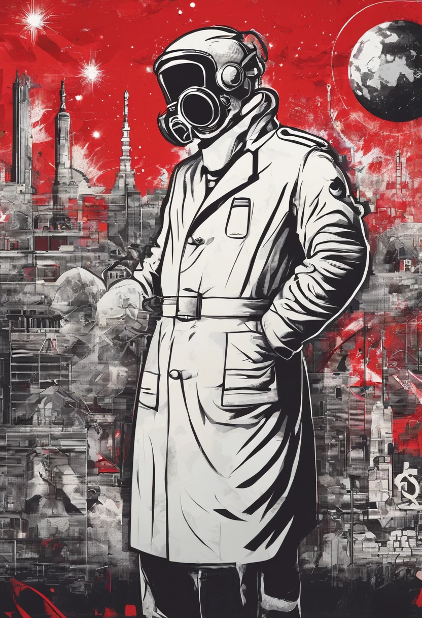 A scientist in a scientific coat turned his back to us,looking at the stars,hard core,Technologie,Red monochrome,USSR Poster,urss,communism