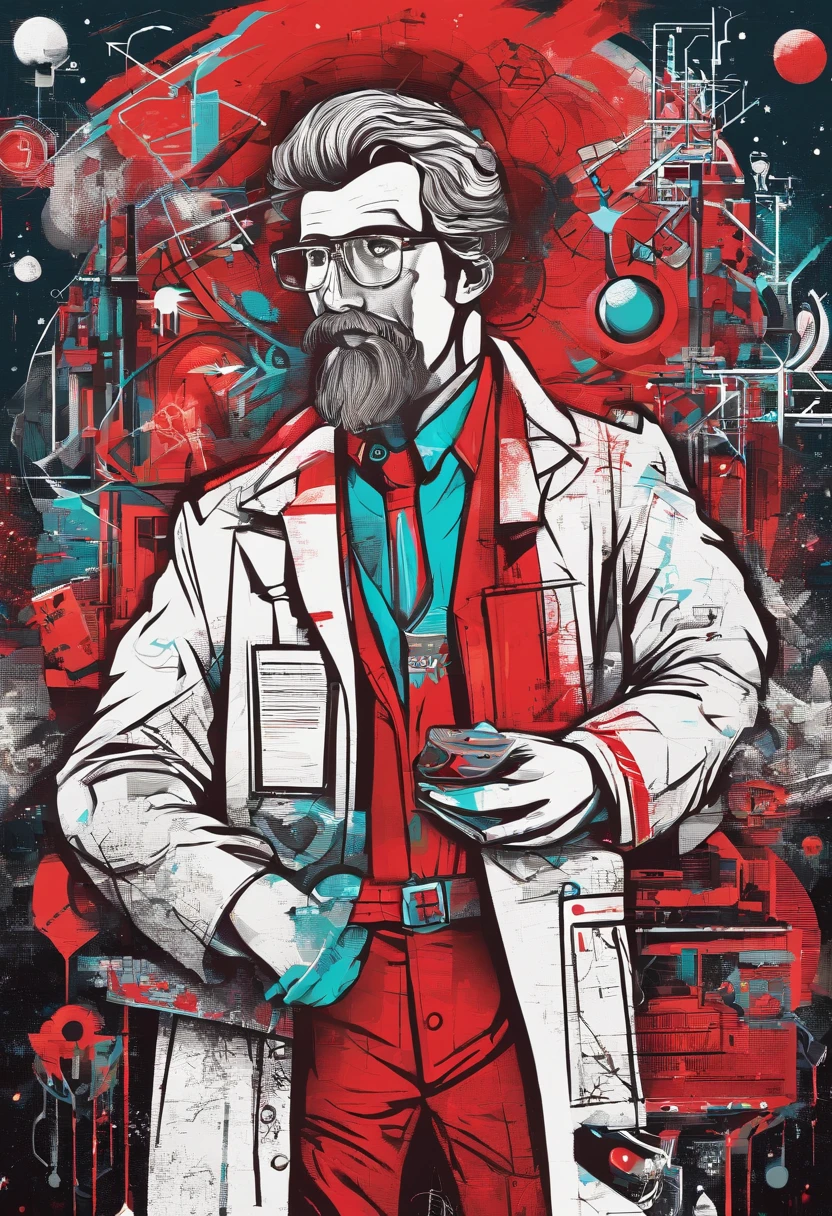 A scientist in a scientific coat turned his back to us，looking at the stars，hard core，Technologie，Red monochrome,USSR Poster,urss,communism