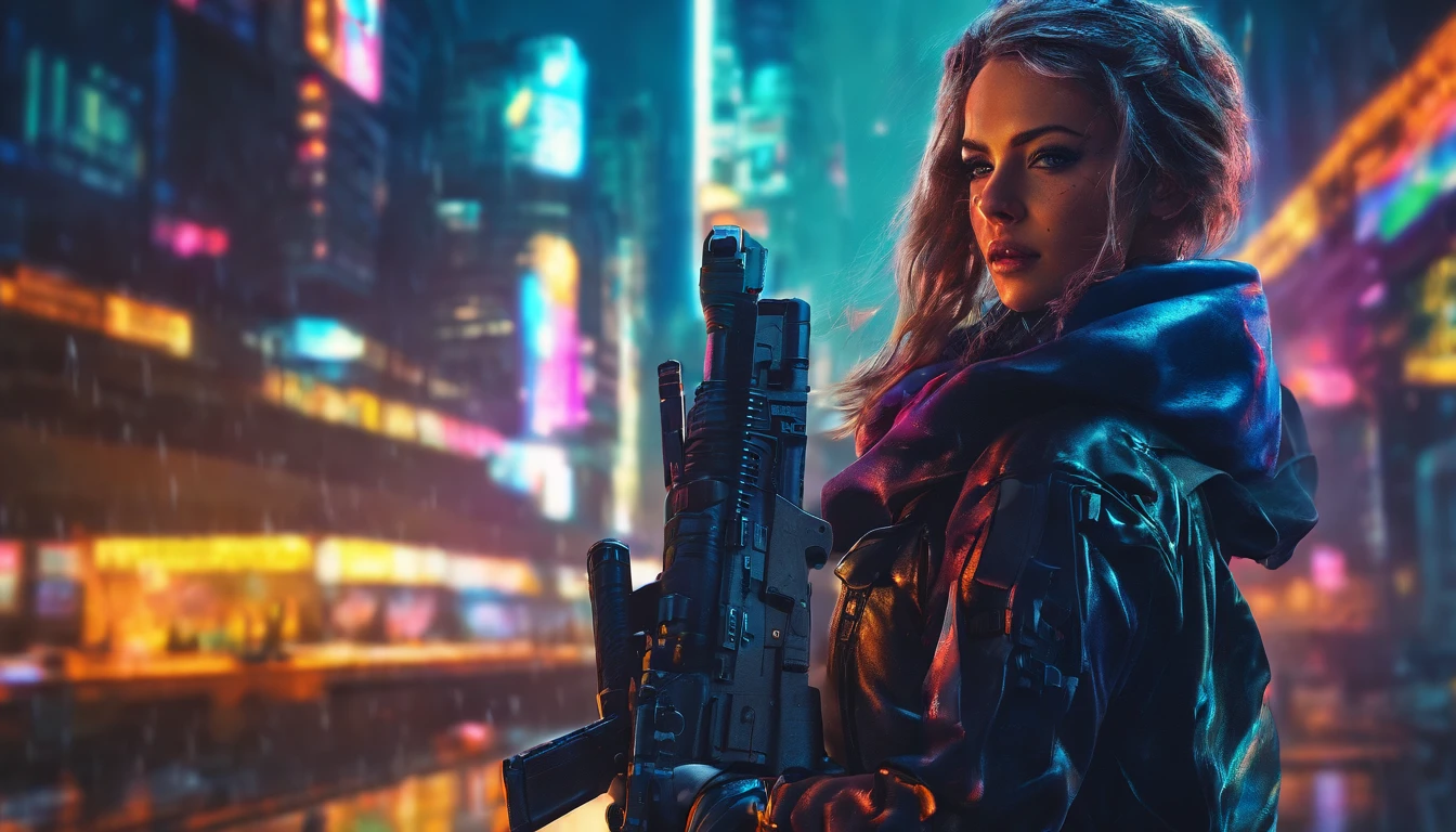 (emb-rrf-low:1.0), sharp focus, (subsurface scattering:1.1), Futuristic cityscape with towering skyscrapers, neon-lit streets, flying cars, holographic billboards, by Robert Broomfield, 3D art. (1girl, solo, alone, photorealistic), large-breast:1.3 very slim body, long:0.4 hair, cleavage:1.1, sexy micro:0.3 laced lingerie with short:0.6 jacket, (pubic hair), (black sunglasses), ((she raised a pistol:1.8 and shot the viewer)), running pose, ((half-body thigh:0.95 level medium shot)), cinematic lighting, lens flare, ray tracing, blurred:0.5 background.
