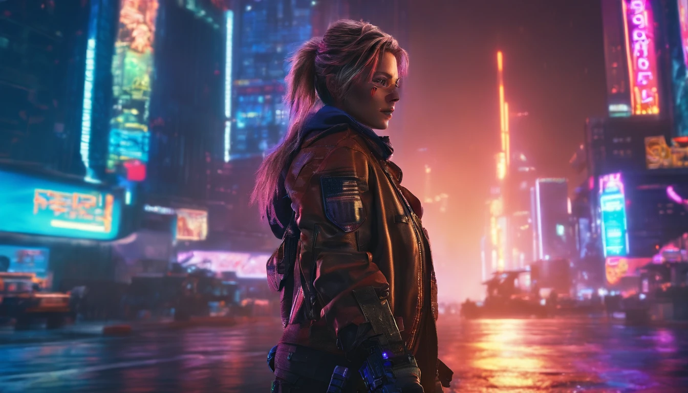 Beautiful girl holding a sniper rifle turned around, Sneak into a skyscraper..,( (bestquality,10,10,highres,masterpiece:1.2),ultra-detail,(Realistic,photorealistic portrait,photo-realistic:1.37)),Urban landscape, Night scene, Intense atmosphere, Urban Warfare, Defined expressions, Ammunition holster, Tactical equipment, High Observation Point, neon lights, dystopia, Fluorescent muzzle flash, incredible shadows, Rain-soaked roads, Shining city skyline, Framing a movie, Cool concept art, Aesthetics of the future, Cyberpunk feeling, Cold color grading, Powerful spotlight, Realistic guns, Full HD resolution, full body image