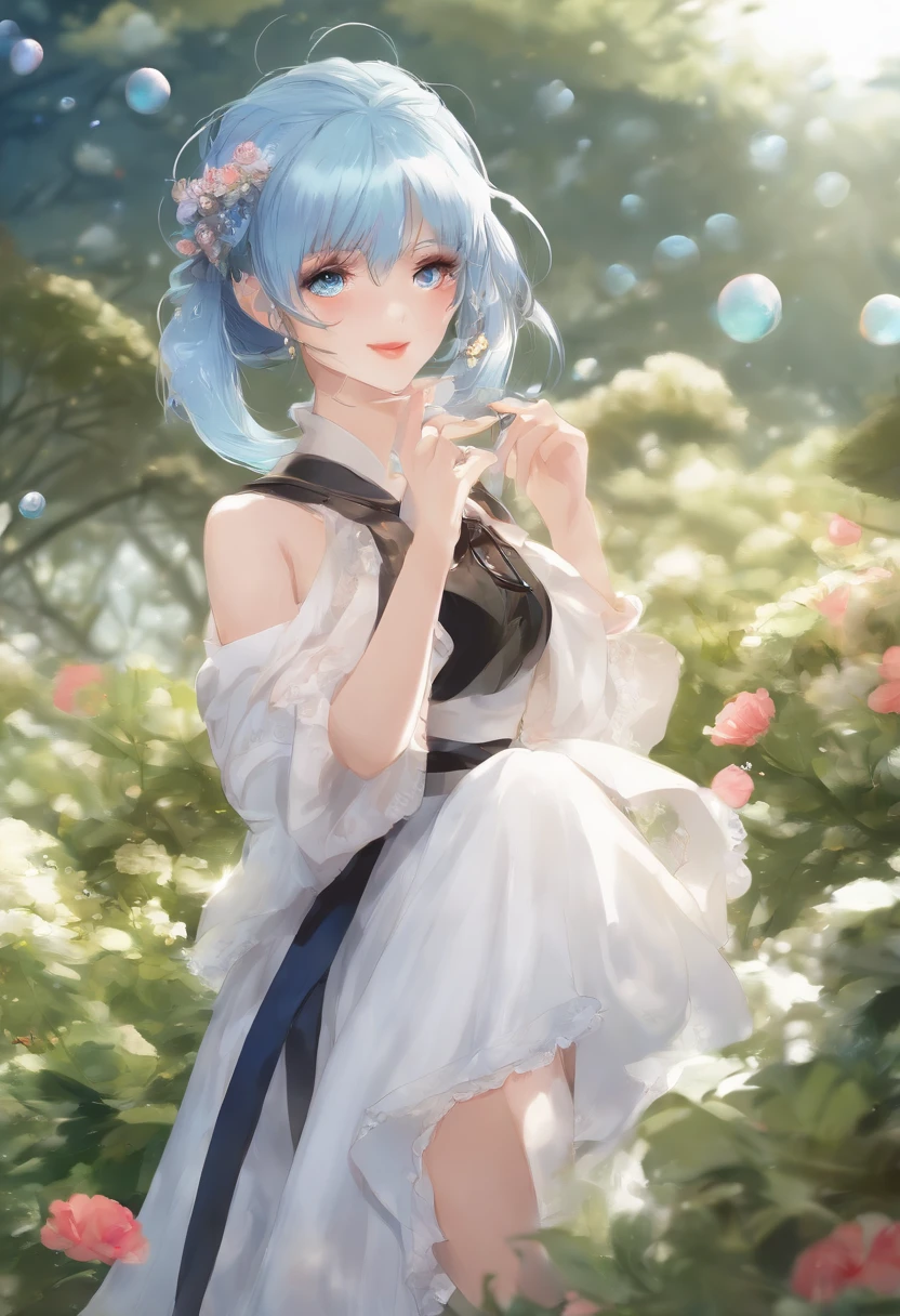 (masterpiece), (best quality), (ultra detailed),(disheveled hair),(illustration), (1girl), (Fashionable clothing), standing, Fashion model, looking at viewer, (interview), (simple background),beautiful detailed eyes, delicate beautiful face, Floating,(high saturation),(colorful splashes),colorful bubble,(shining), focus on face,  ponytail, kamisato ayaka, light blue hair, bangs, hair ring, floating flowers, floating hairs, (shining), best lighting, best shadow, nipples, pussy, uncensored, tongue out, semen on breasts,