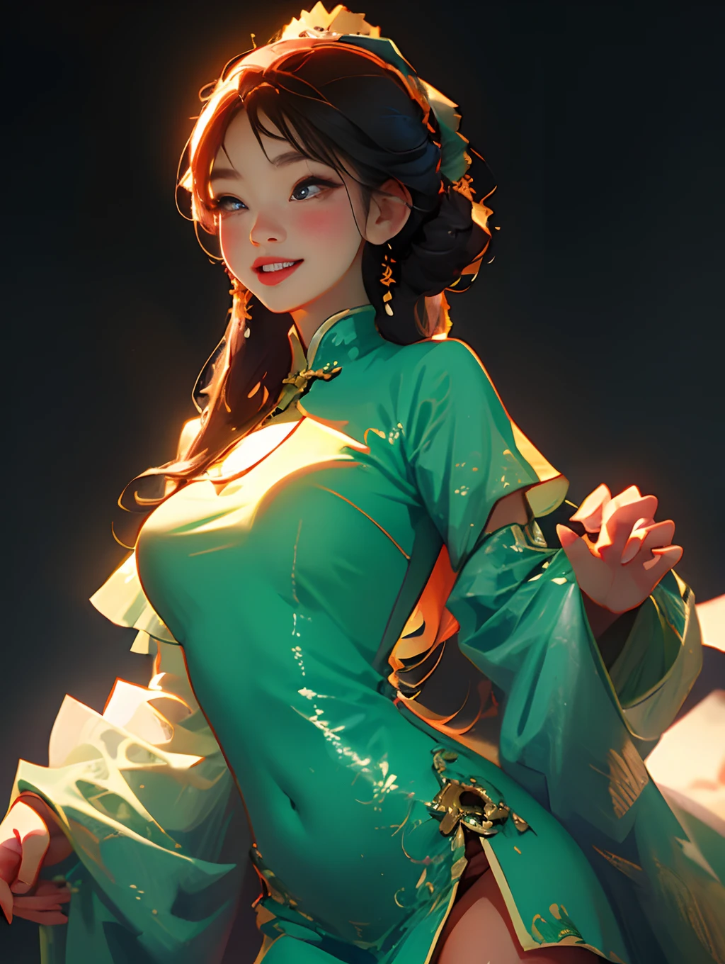 1girll,origin,Cowboy shot,Closed mouth, china dress, Light smile,, Simple background,