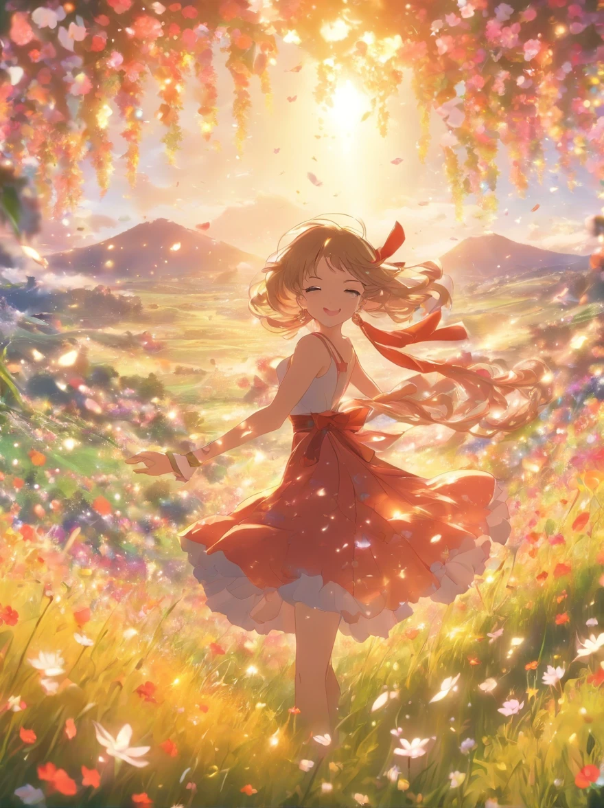 Meadow with dancing petals、appearance々Beautiful flowers、amazing landscape、realistic、a picture、Masterpiece、light Shafts、Fantastical