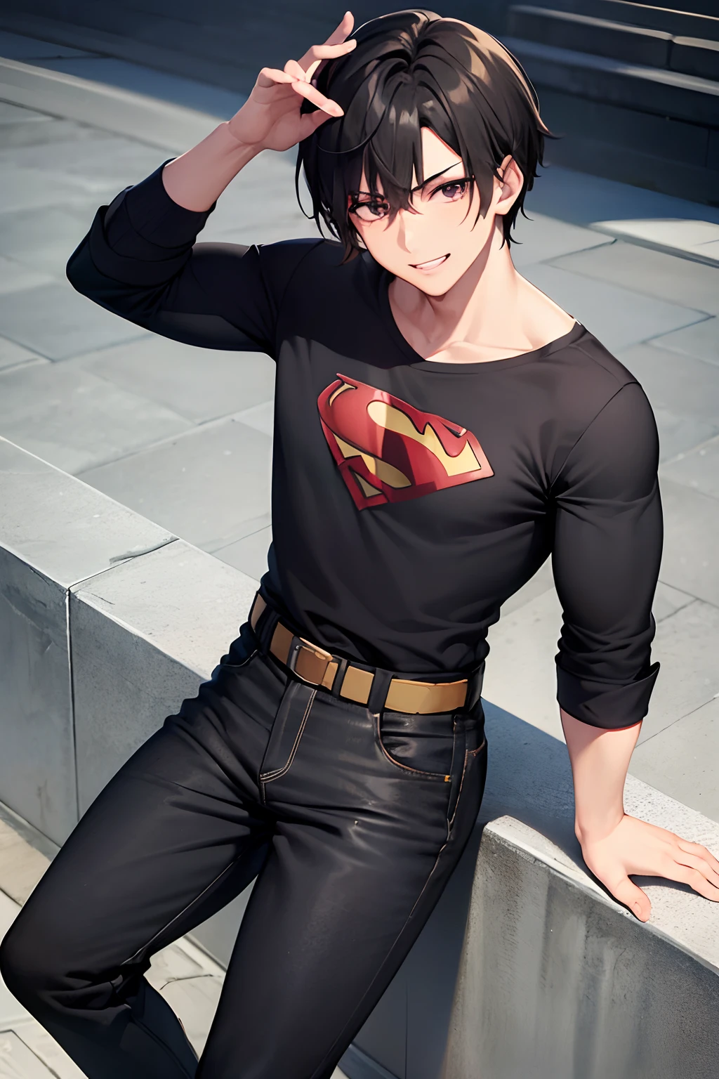 1boys, Cabello negro corto, ojos cafes, musculoso, camisa negra de superman manga corta, pantalones ajustados negros, botas grises, sonriente, pose sexy