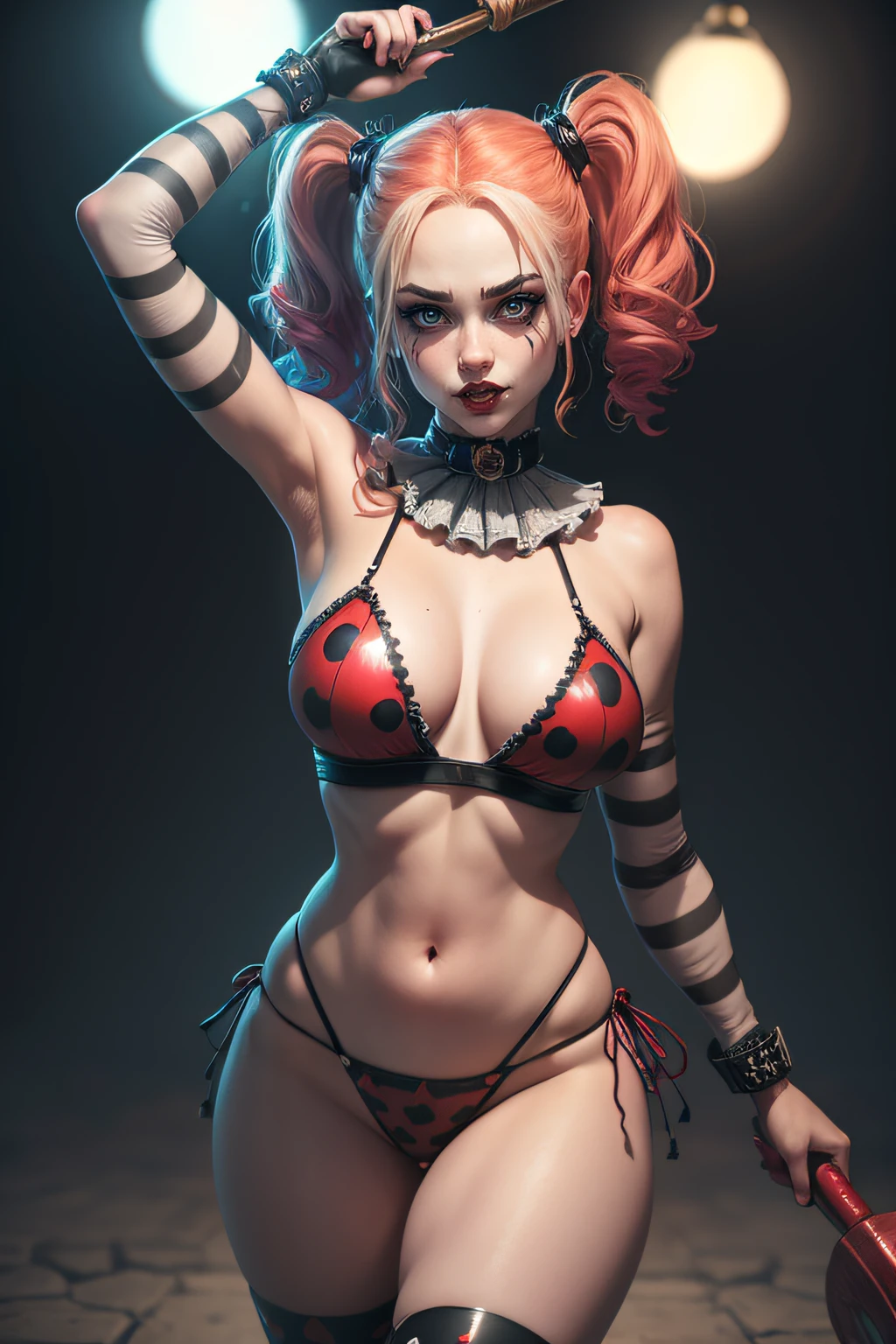 Harley quinn, a female clown with sexy body, scary face, cute pose, detailed face, detailed sexy body, detailed fancy outfit (reality: 1.4), (A hyper-realistic), (high resolution), (8K), (highly detailed), ( Best Illustration), (detailed eyes), (ultra-detailliert), Bright lighting, Professional Lighting, The background is circus tent, with a huge hammer in his hand.