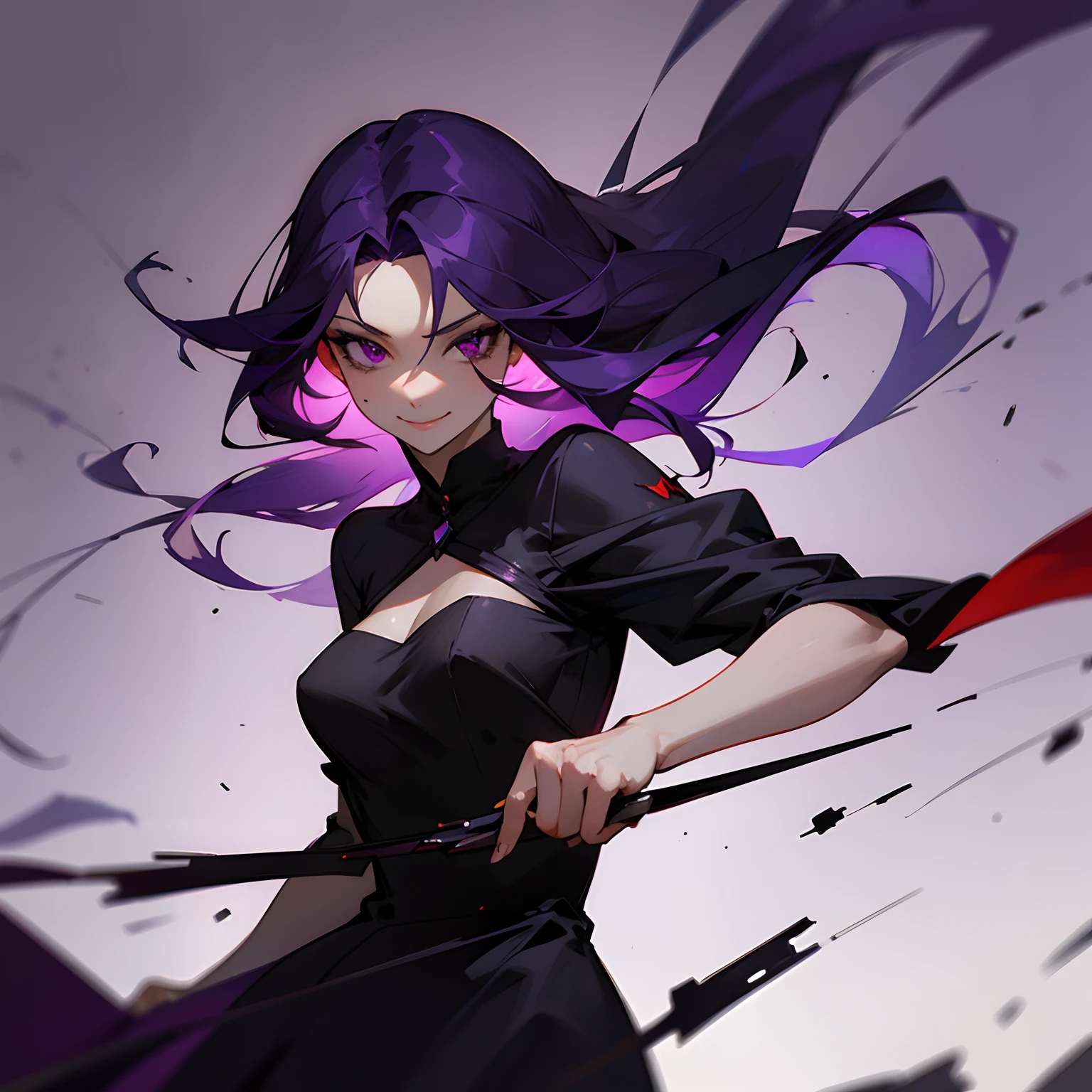 long dark purple hair, purple eyes, beautiful, domestic, woman, sly smile, black dress, blood spattered