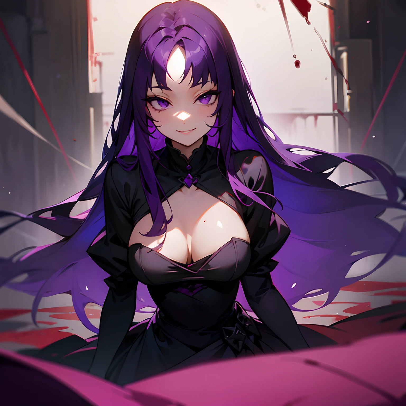 long dark purple hair, purple eyes, beautiful, domestic, woman, sly smile, black dress, blood spattered