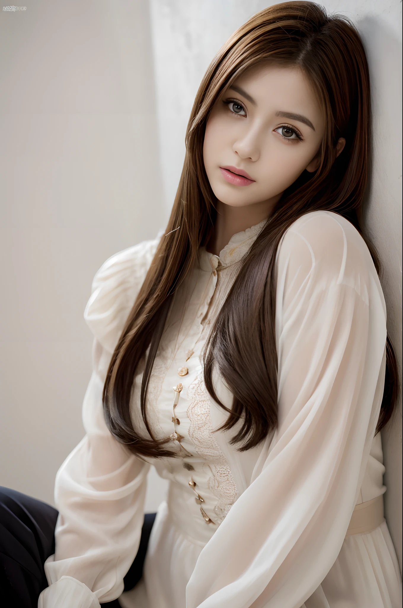 top-quality、​masterpiece、超A high resolution、Raw photo、1人の女性、lovely、Brown hair、Middle straight hair、Iridescent eyes、Detailed eyes and face、Fashionable costumes、Dynamic and beautiful lighting、Deep shadows in the dark、Modest atmosphere、Full length portrait of a cowboy shot、On White Background、Quality and loveliness coexist。