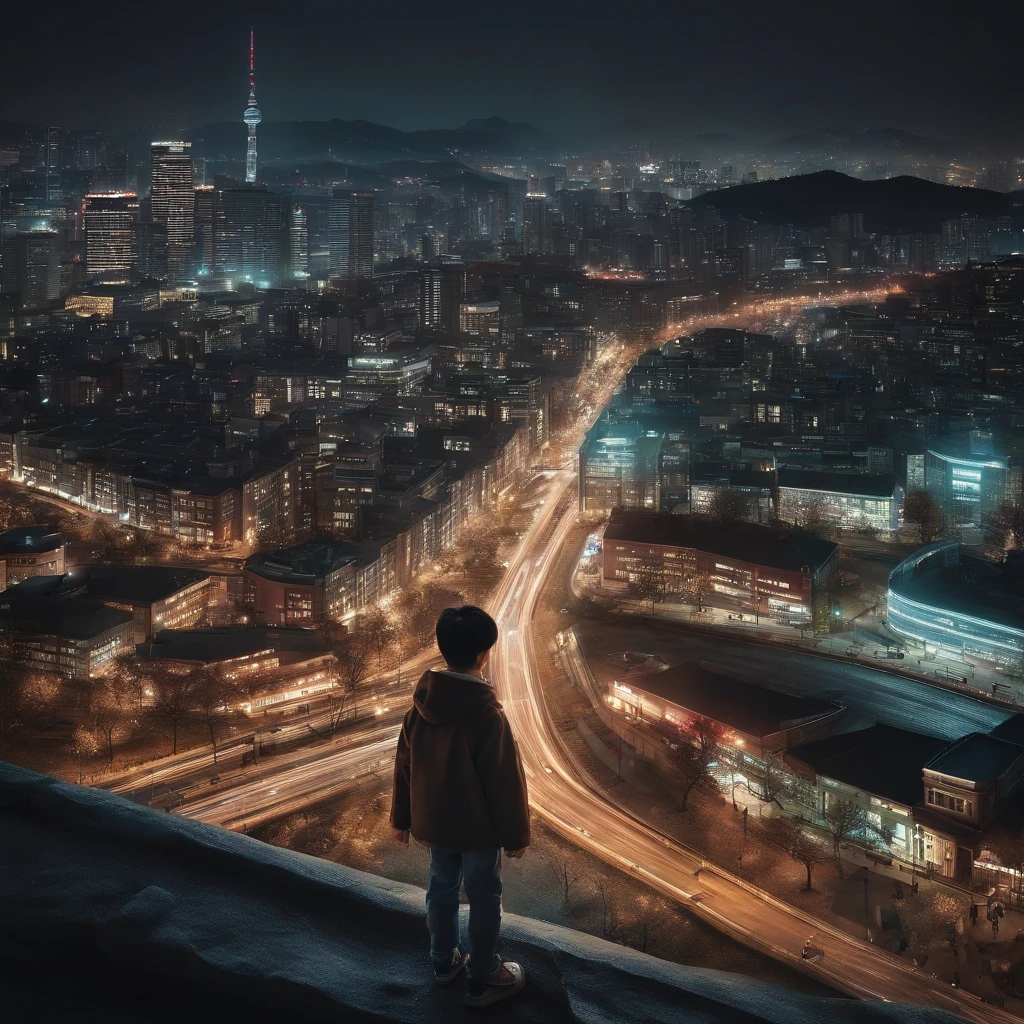 It is set in the night view of downtown Seoul. Sparkling buildings, Tail lights of cars, The movement of people is represented by a distant skyline. In the center, It depicts a young boy with his back turned towards the night view. The overall color adds a bit of vintage tones