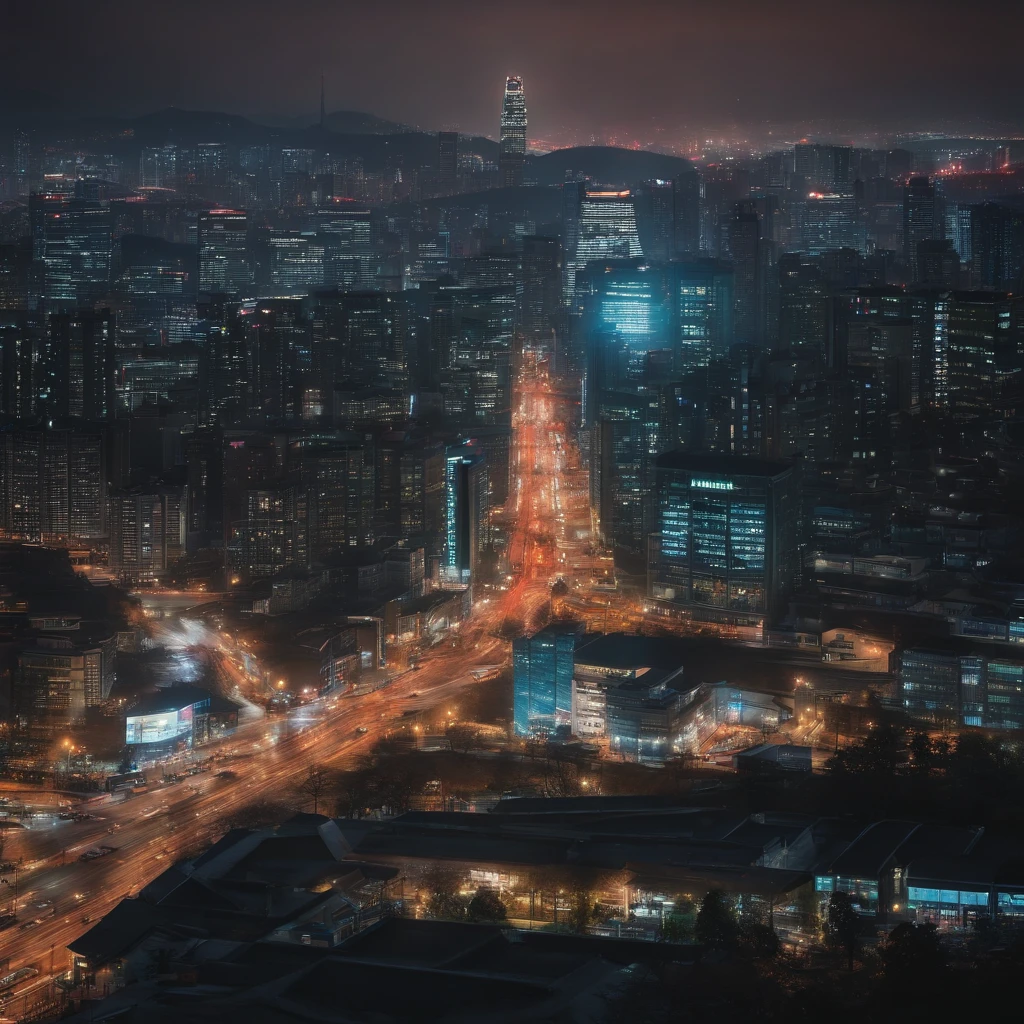 It is set in the night view of downtown Seoul. Sparkling buildings, Tail lights of cars, The movement of people is represented by a distant skyline. In the center, It depicts a young boy with his back turned towards the night view. The overall color adds a bit of vintage tones
