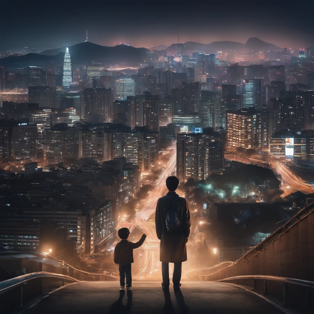 It is set in the night view of downtown Seoul. Sparkling buildings, Tail lights of cars, The movement of people is represented by a distant skyline. In the center, It depicts a young boy with his back turned towards the night view. The overall color adds a bit of vintage tones