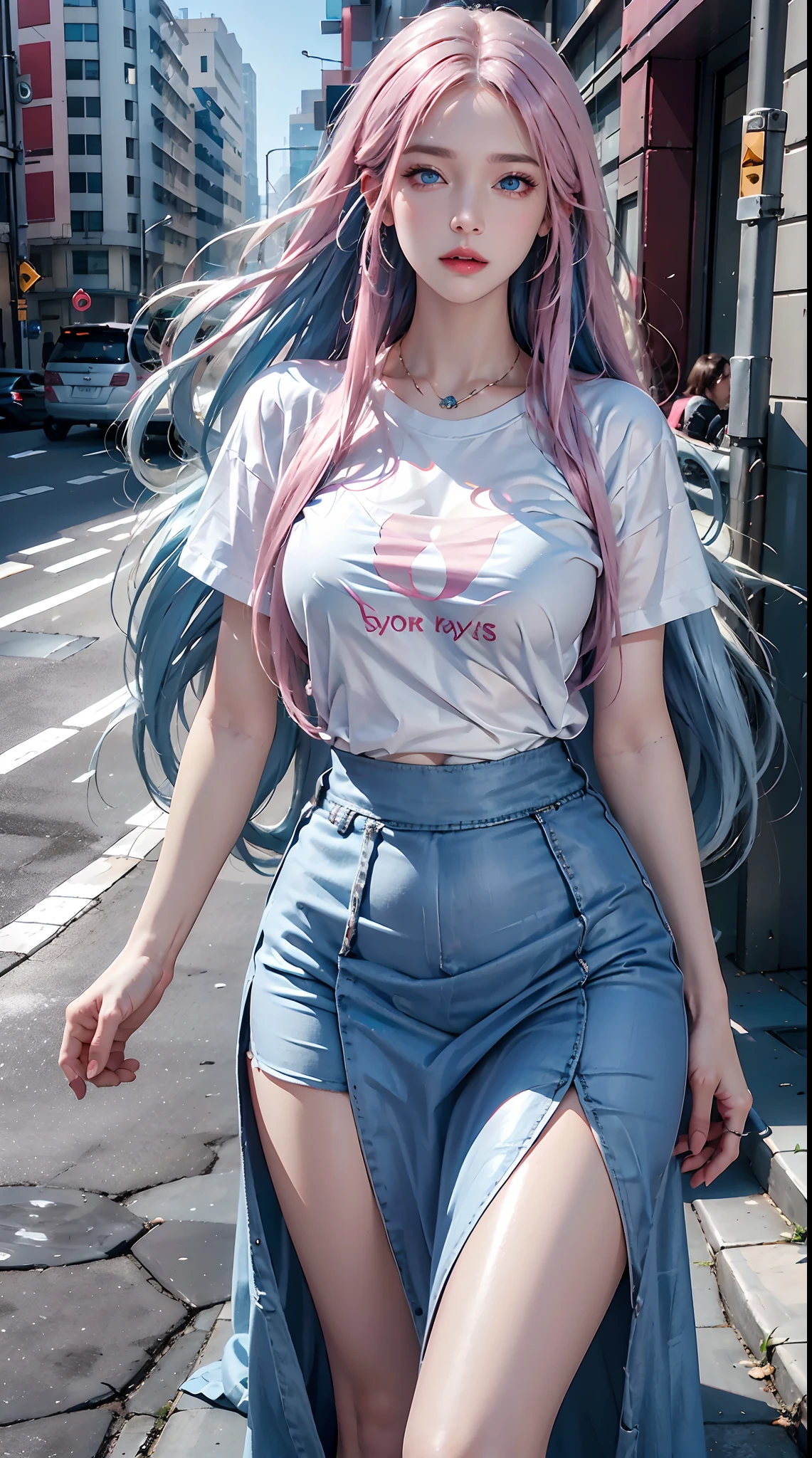 photorealistic, high resolution, 1women, shining skin, solo, tattoo, jewelry, pink lips, (((long while hair, blue eyes))), closed mouth, street wear, hips up, t-shirt, skirt