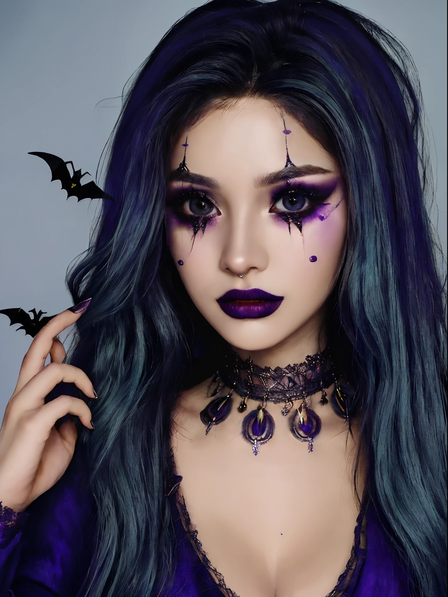 (close-up, photograph, 20 yo gothic woman) ( artistic makeup:1.2) (highly detailed face:1.4) 1girl,,egirlmakeup,smile,avatar \(ff14\),,egirlmakeup,long hair, blue hair,Halloween party background